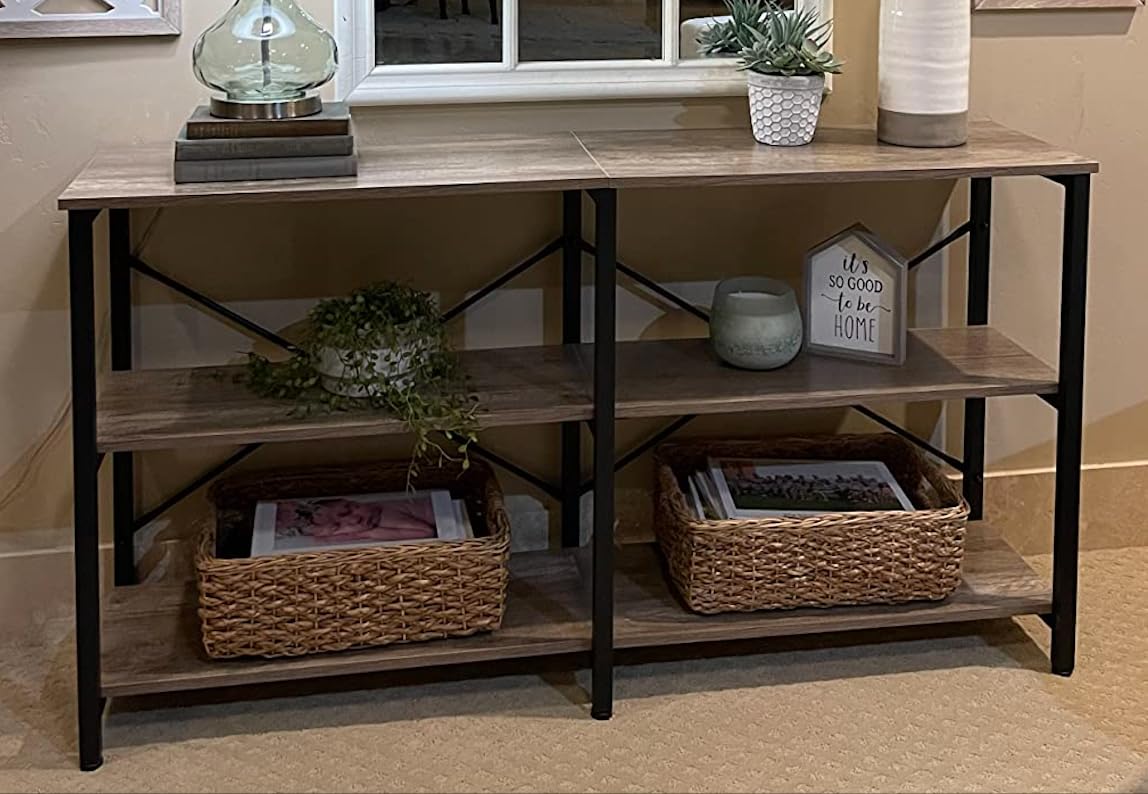 3-Tier Grey Entryway Console Table - Sturdy Steel Frame TV Stand, Sofa Side Table, Bookshelf & Display Rack for Hallway, Living Room | Holds Books, Photos, Toys & Decor (Multipurpose Heavy-Duty Design)