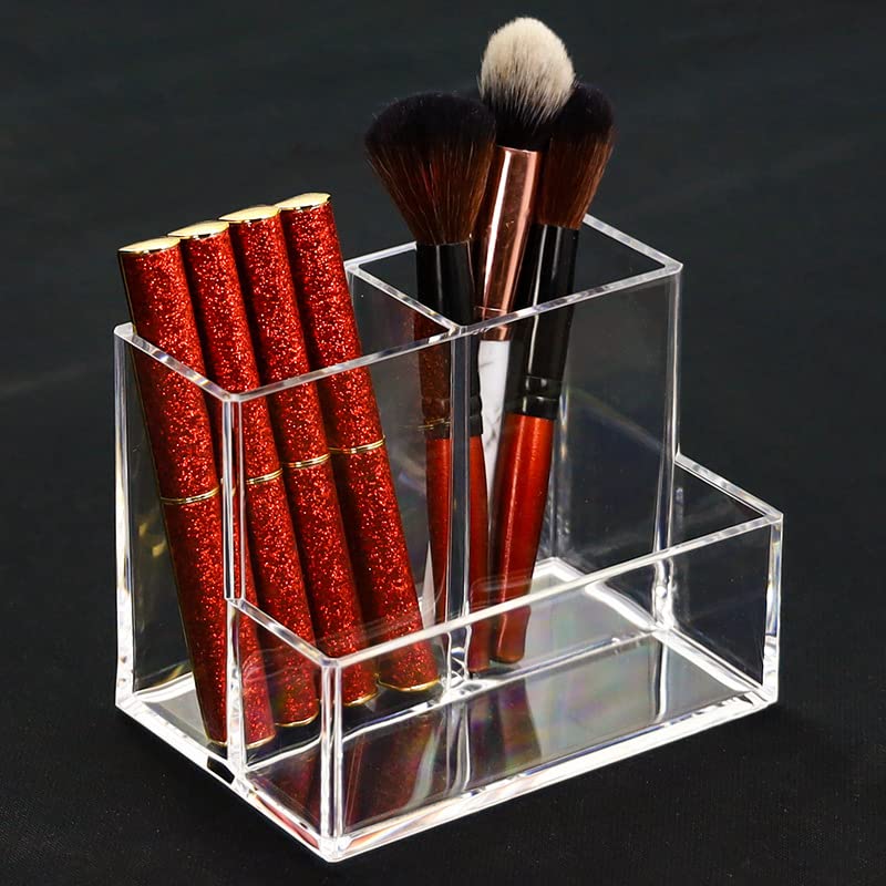 Clear Acrylic Makeup Organizer - 3-Tier Cosmetic Storage Case with Brush Holder & Lipstick Dispenser | Bathroom Vanity Organizer (5.1