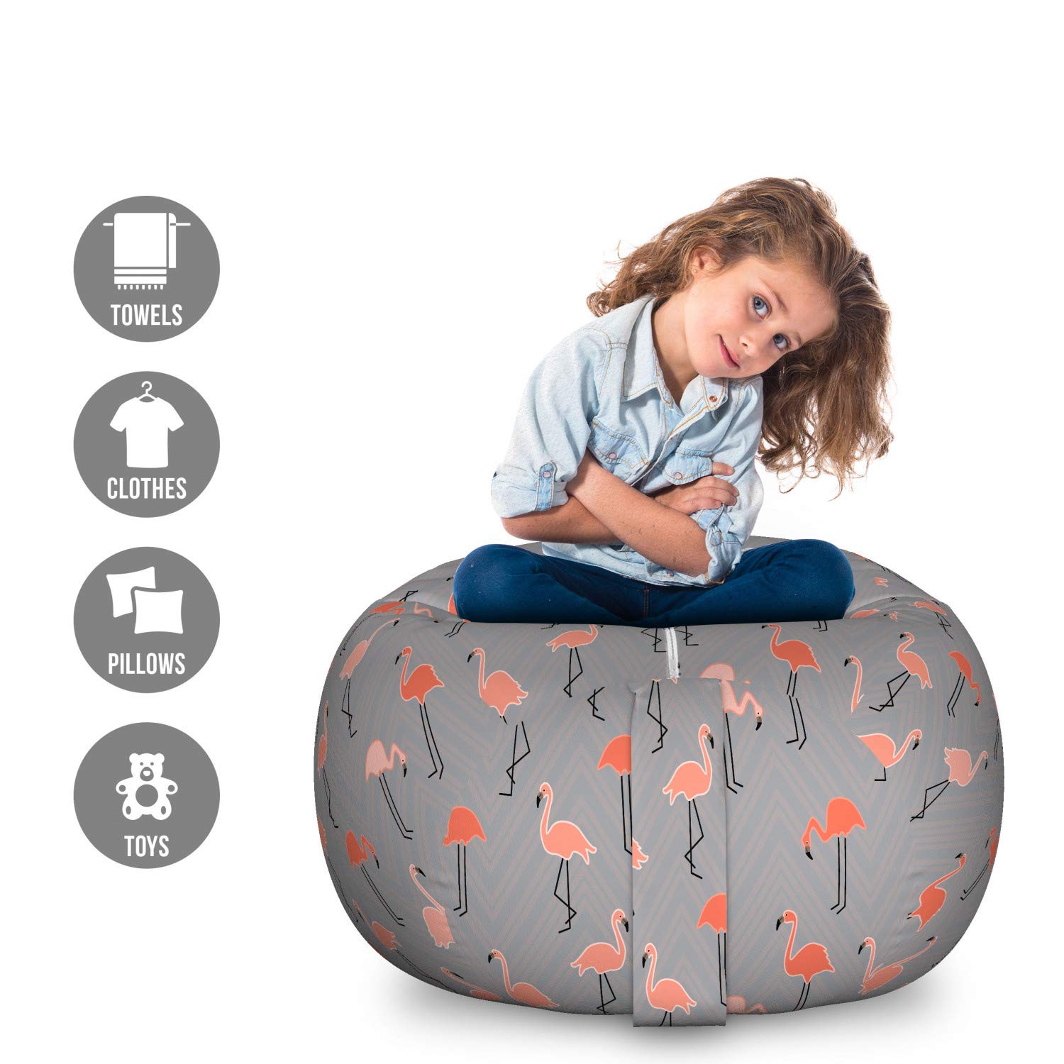 Ambesonne Flamingo Toy Storage Bag Chair - Large Washable Stuffed Animal Organizer with Tropical Birds & Chevron Zigzag Design in Salmon Pale Grey - Perfect for Kids' Room, Nursery, and Playroom Organization
