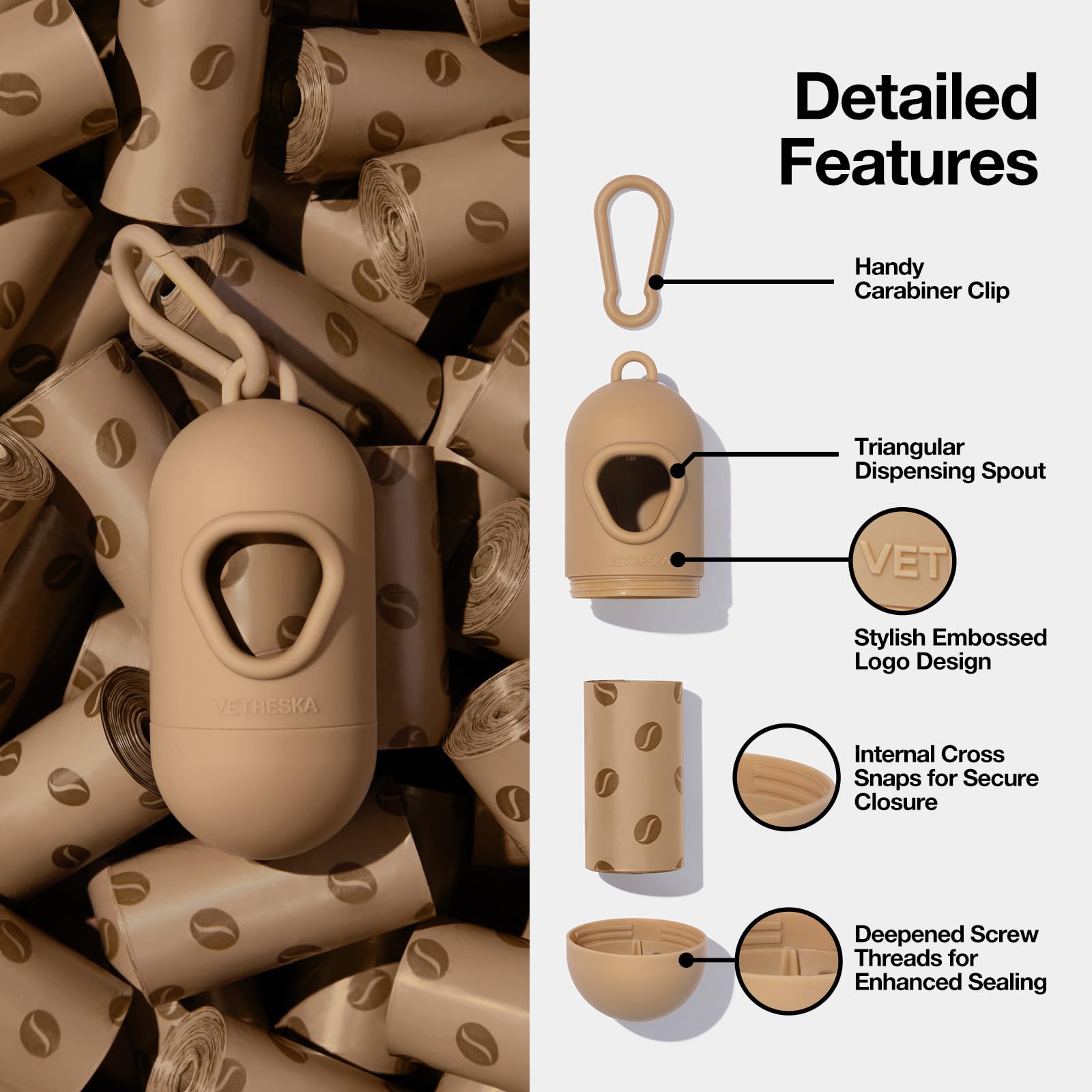 VETRESKA Scented Dog Waste Bag Dispenser with Coffee Aroma - Leak Proof, Extra Thick Pet Waste Bags - 1 Holder & 105 Bags (7 Refill Rolls) for Dogs & Cats - Perfect for Walks, Park Visits & Outdoor Adventures