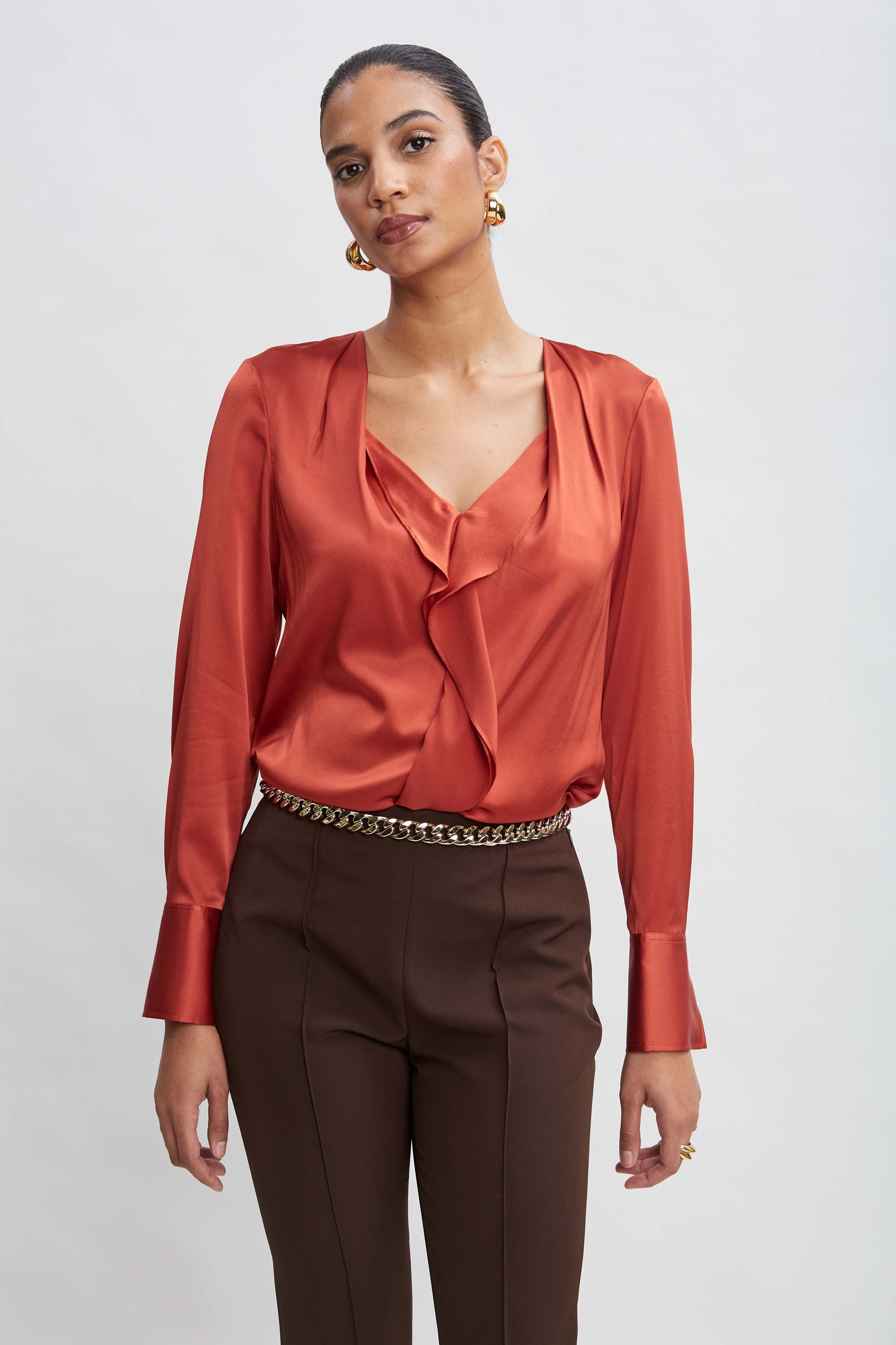 Silk Satin Contour Ruffle Blouse for Women - Elegant Ruffled Long Sleeve Shirt for Office, Party & Date Night Outfits