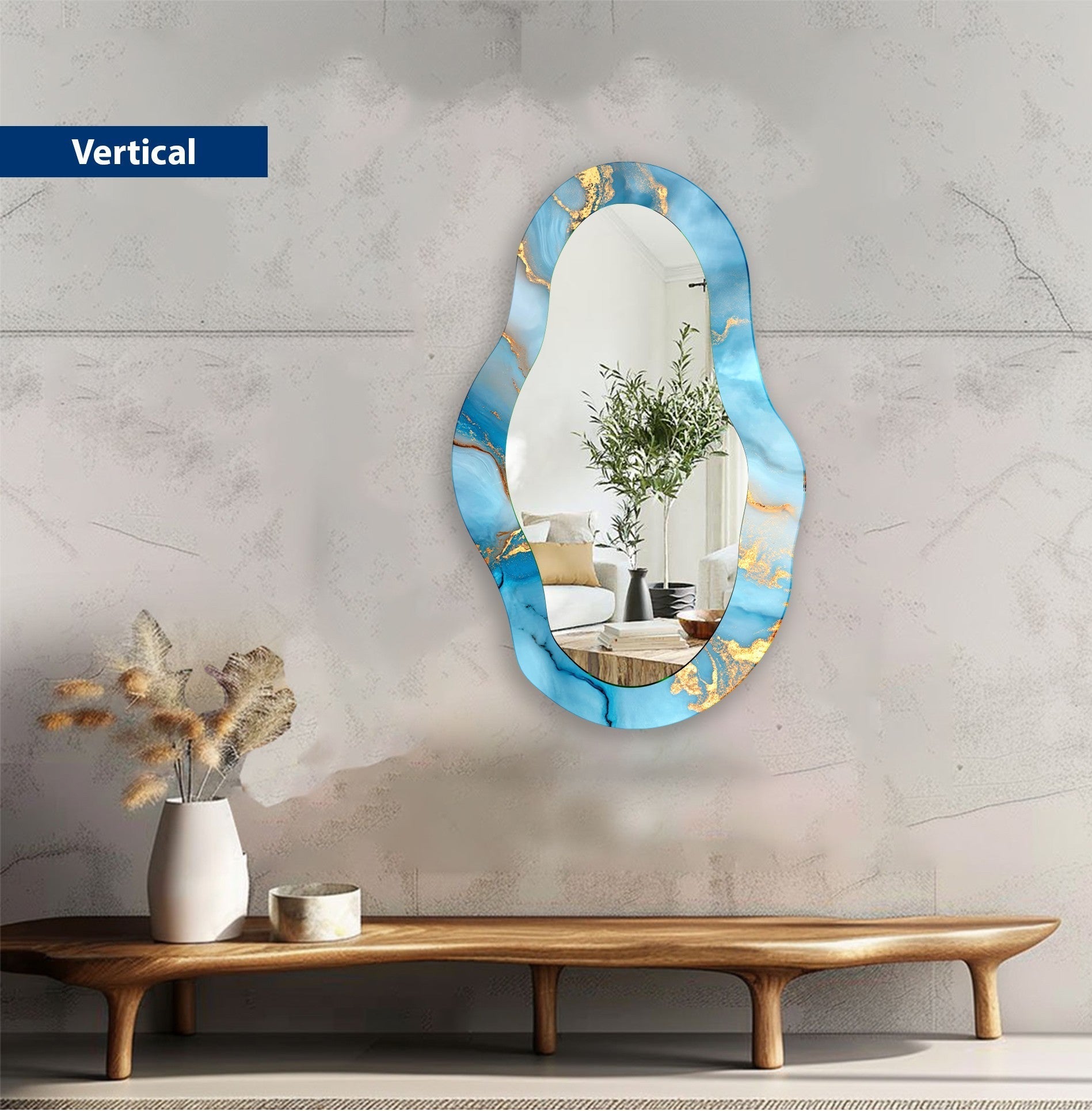 Abstract Blue Asymmetrical Wall Mirror - Modern Decorative Mirror for Living Room, Bedroom, or Entryway - Unique Home Decor Accent Piece