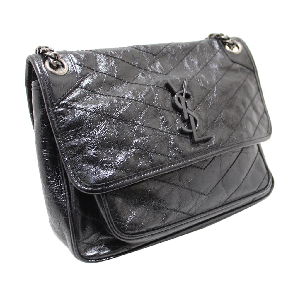 Authentic YSL Yves Saint Laurent Black Crinkled Leather Medium Niki Shoulder Bag | Luxury Designer Handbag for Women | Perfect for Work, Date Night & Everyday Use