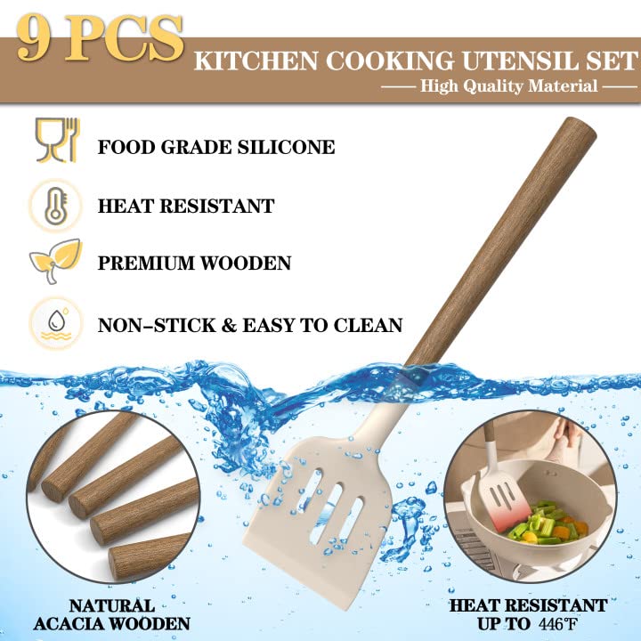 9Pcs Silicone Kitchen Utensil Set with Wooden Handle - Heat Resistant for Nonstick Cookware - Perfect for Baking & Cooking