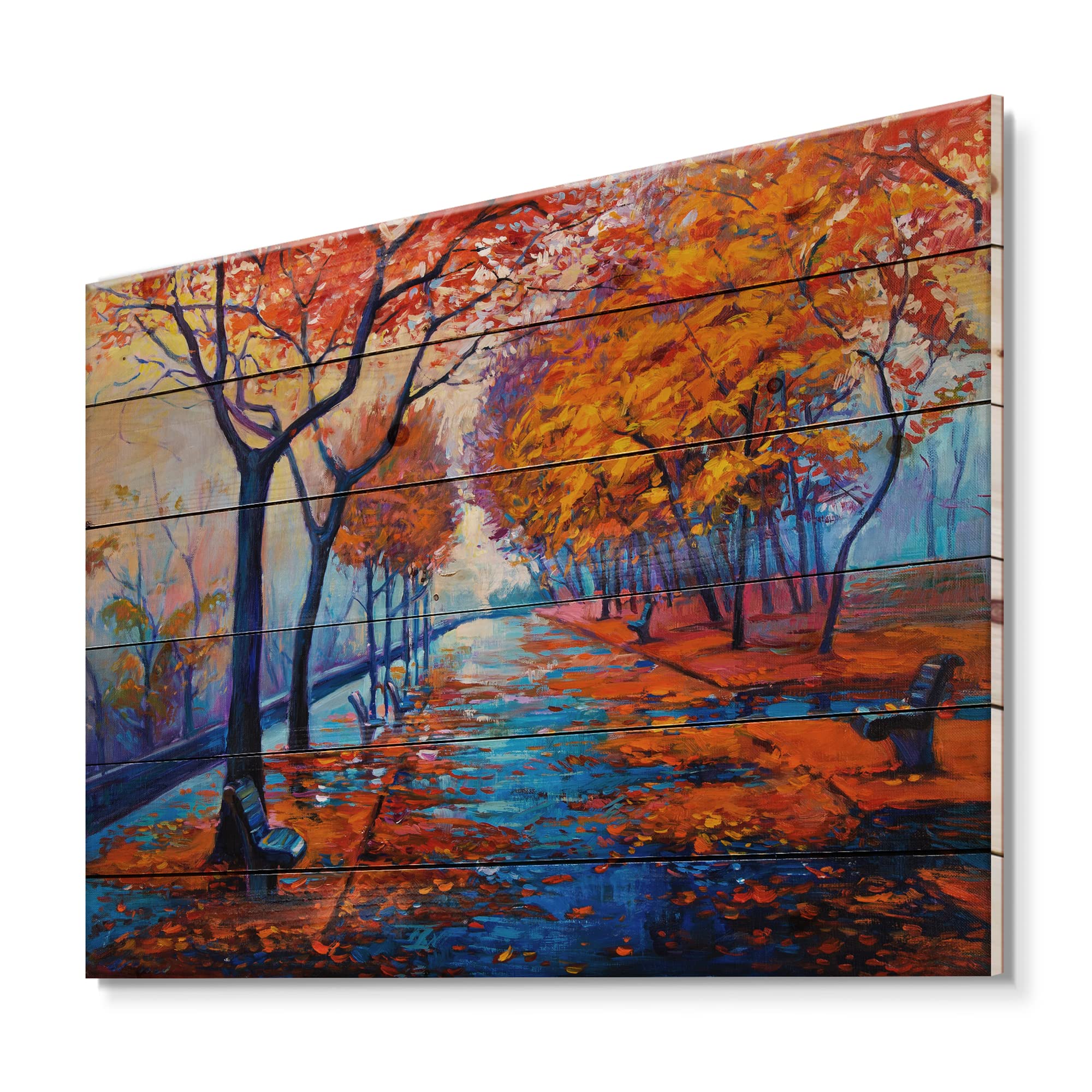 Orange Autumn Landscape Wood Wall Art - Pine Wood Decor for Living Room