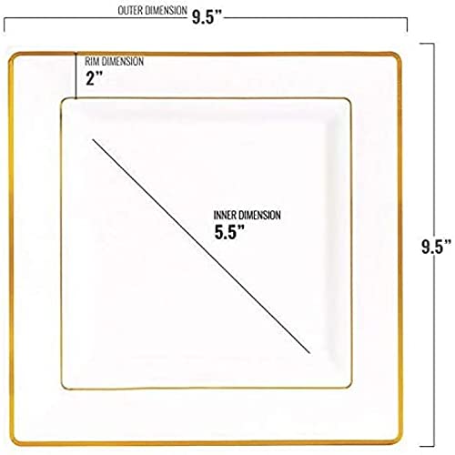 Elegant White Gold-Rimmed Square Edge Disposable Plastic Dinner Plates - 9.5 Inch (10-Pack) for Wedding, Party, Birthday, Anniversary & Holiday Celebrations - Premium Disposable Tableware for Catering, Events & Home Use