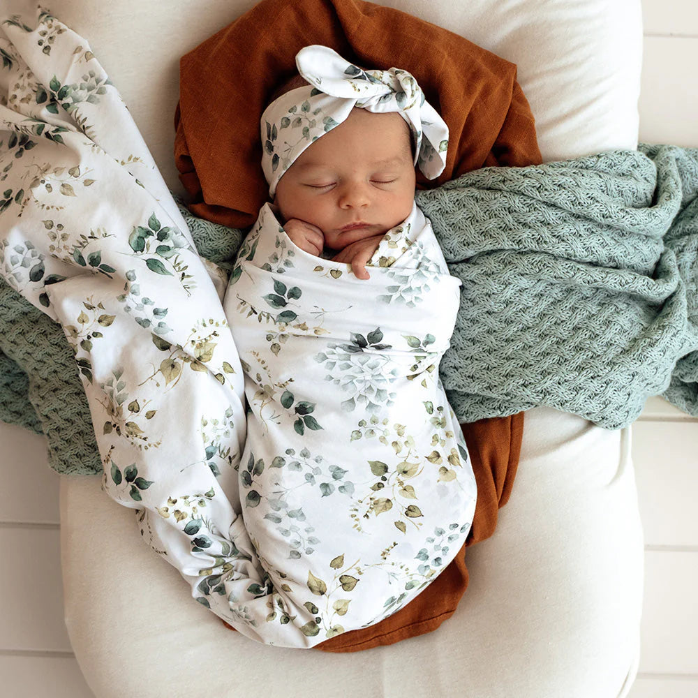 Snuggle Hunny Baby Jersey Wrap & Topknot Set - Soft Cotton Newborn Swaddle Blanket & Headband Outfit for Girls - Perfect for Photography, Baby Shower Gifts & Nursery Essentials