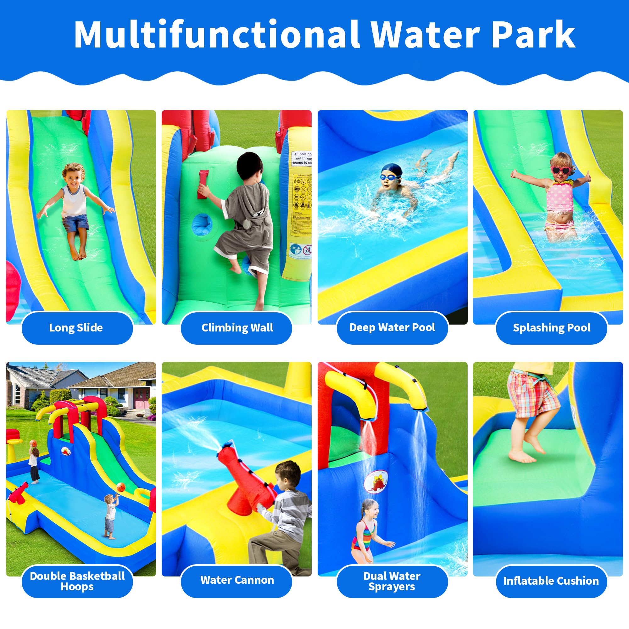 Inflatable Water Park with Blower - Bounce House with Water Cannon & Double Basketball Hoops for Kids Outdoor Summer Party, Backyard Pool Fun, and Birthday Celebrations
