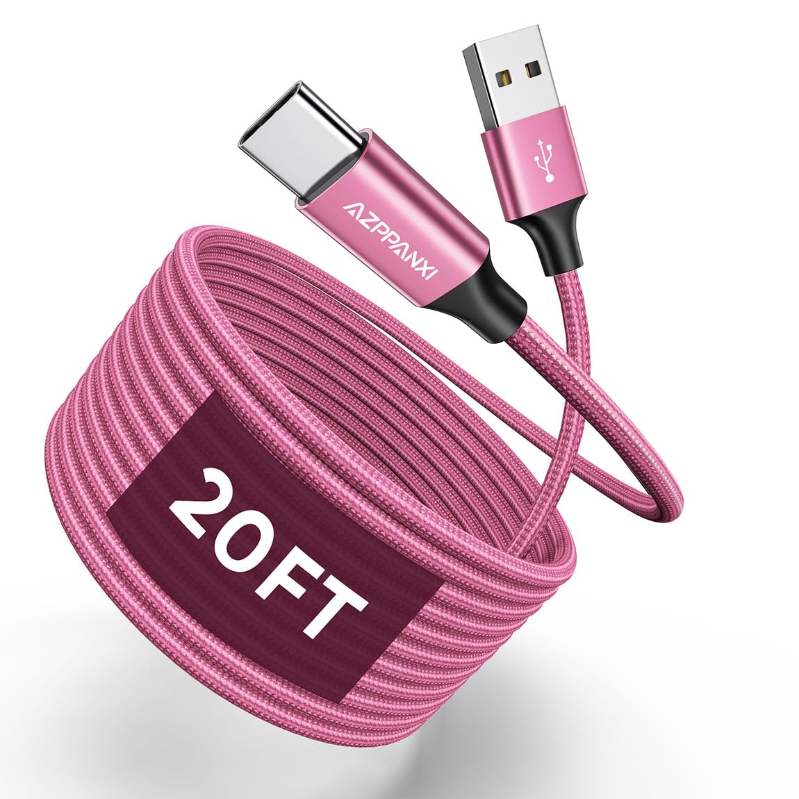 20Ft Pink Extra Long USB C Cable - Fast Charging Cord, Premium Nylon Braided, Compatible with iPhone 16/15 Series, Samsung Galaxy, LG, Moto, Google Pixel, Nintendo Switch & More USB-C Devices - Perfect for Home, Office, Travel & Gaming