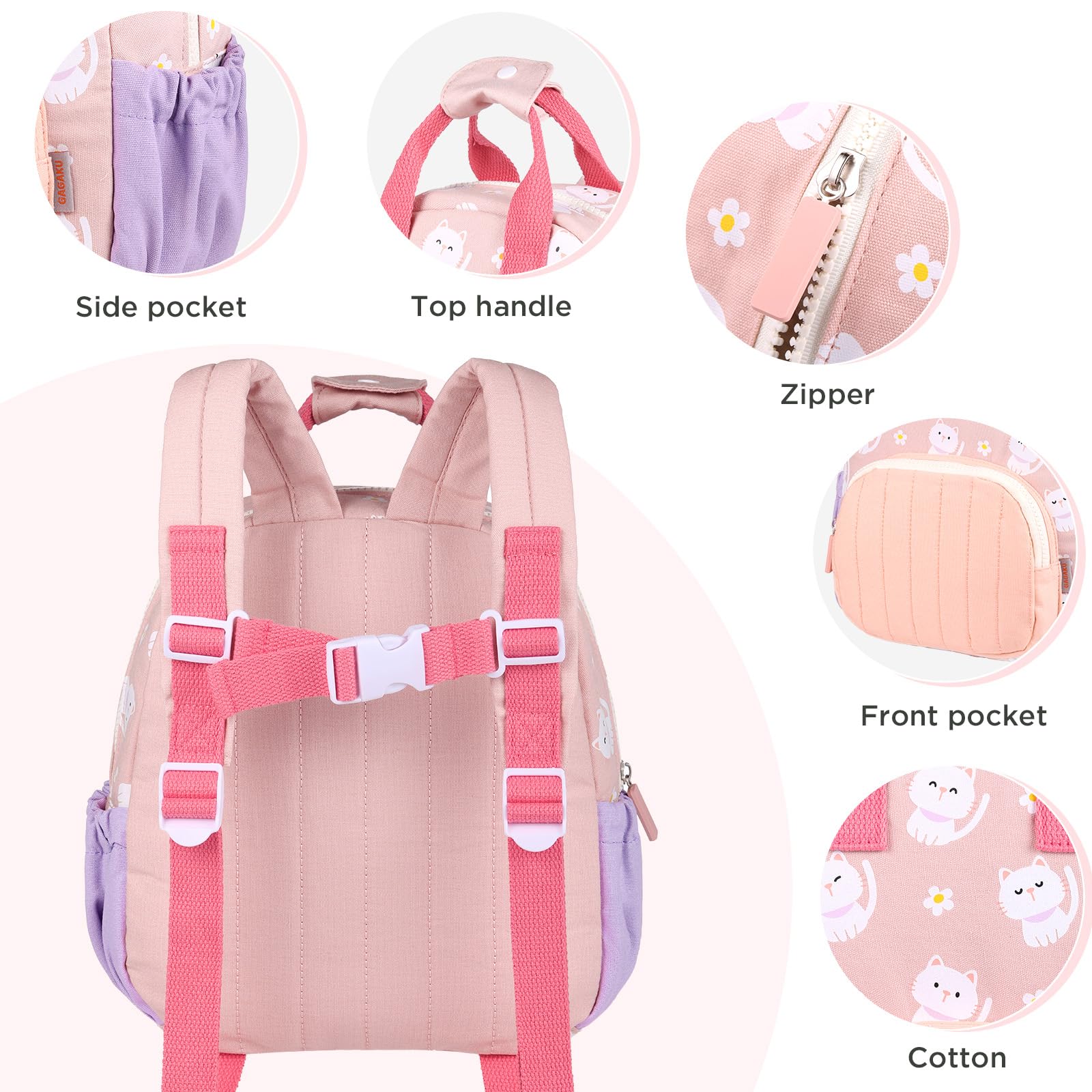 GAGAKU Cute Pink Cat Toddler Backpack for Girls 2-6 Years - Breathable Mini Preschool Backpack for School, Travel & Daycare - Lightweight Kids Backpack with Adjustable Straps | Perfect for Kindergarten, Playdates & Family Outings