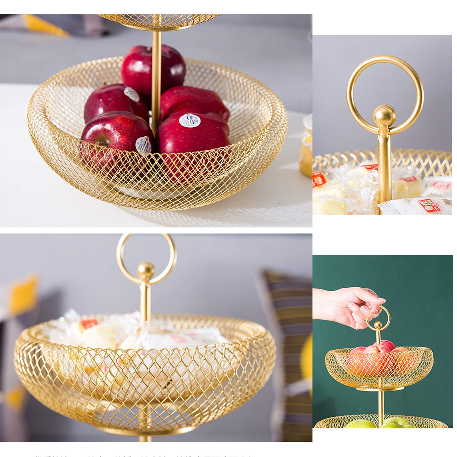 2-Tier & 3-Tier Gold Metal Wire Fruit Basket - Modern Nordic Style Countertop Organizer for Fruits, Vegetables & Bread - Perfect for Kitchen Counter, Dining Table & Pantry Storage