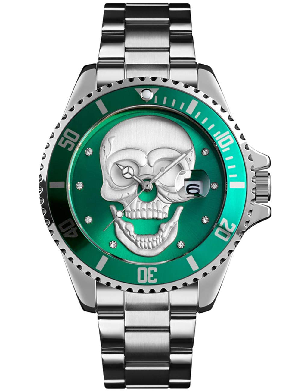 **Men's Green Stainless Steel Quartz Wristwatch with Skull Dial & Date Display - Stylish & Durable for Casual, Outdoor & Gifts**
