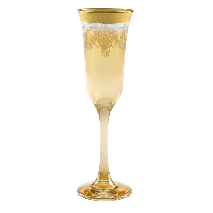 Elegant Modern Glass Drinkware Set - 9 oz Amber Flutes with Gold Band, Set of 6 - Perfect for Hosting Parties, Weddings & Special Events - Stylish Barware for Champagne, Cocktails & Celebrations