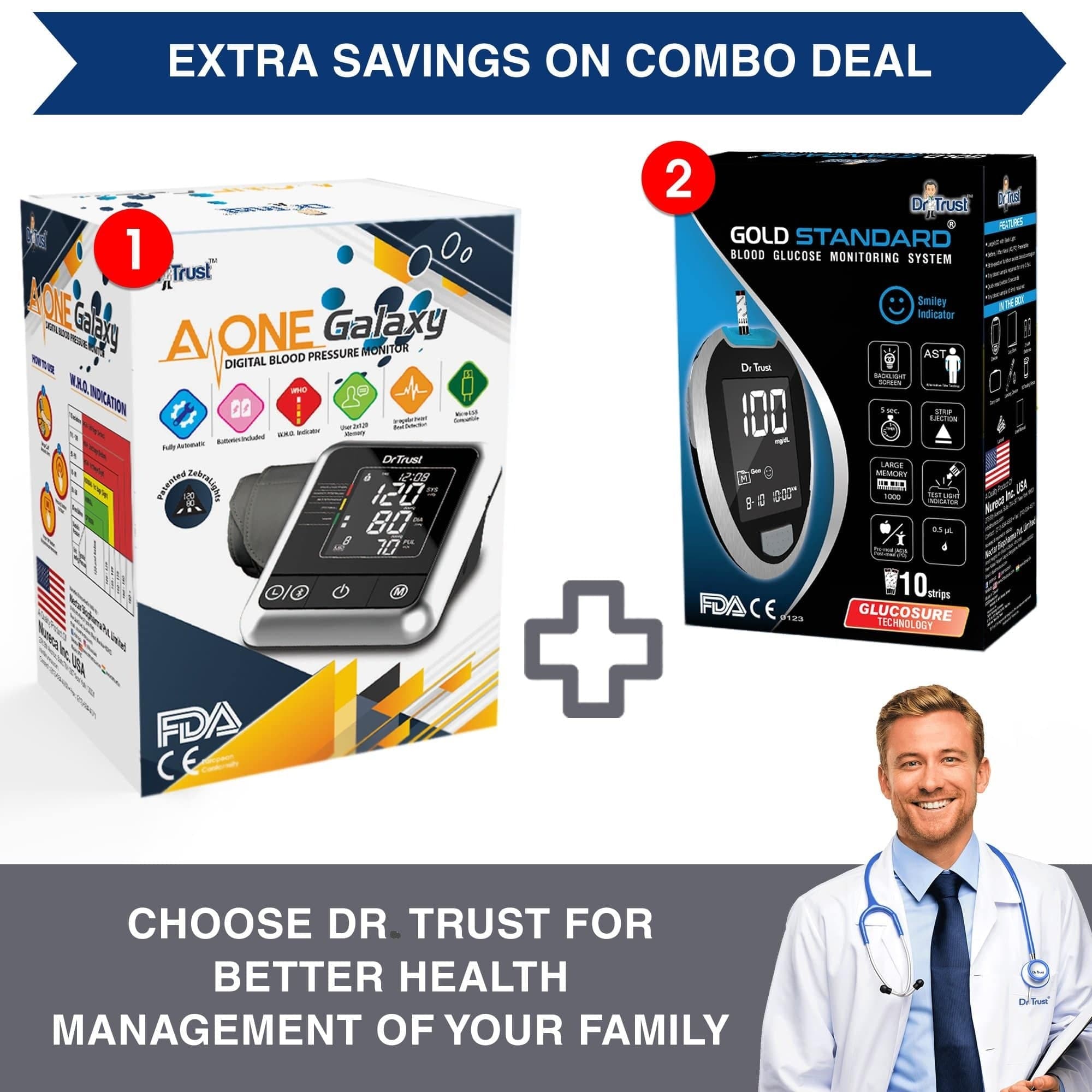 Dr Trust USA A One Galaxy Blood Pressure Monitor 106 & Glucometer Sugar Check Machine 9001 with 10 Test Strips - Home Health Monitoring Kit for Diabetes and Hypertension Care