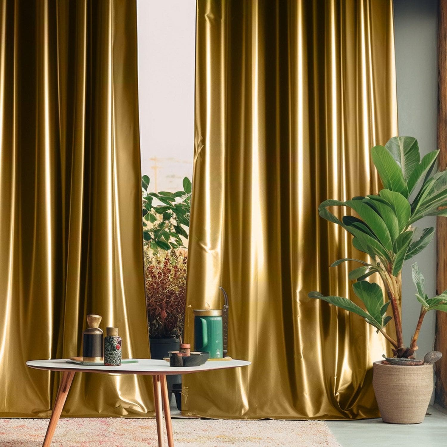 Golden Spice Solid Faux Silk Taffeta Custom Curtains - Elegant Window Treatments for Living Room, Bedroom & Dining Room Decor