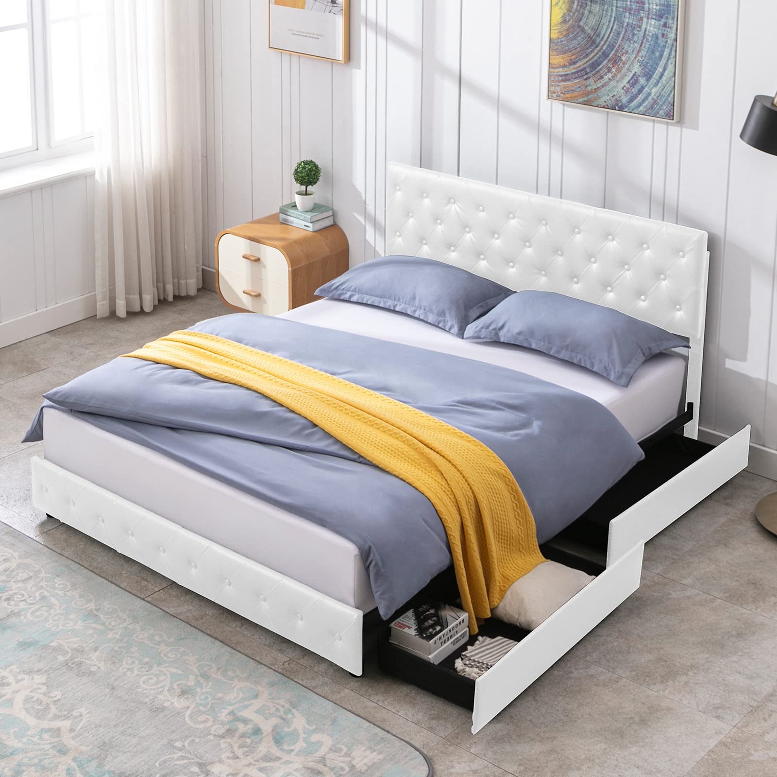 Queen Platform Bed Frame with Storage - Modern PU Leather, Adjustable Headboard for Bedroom