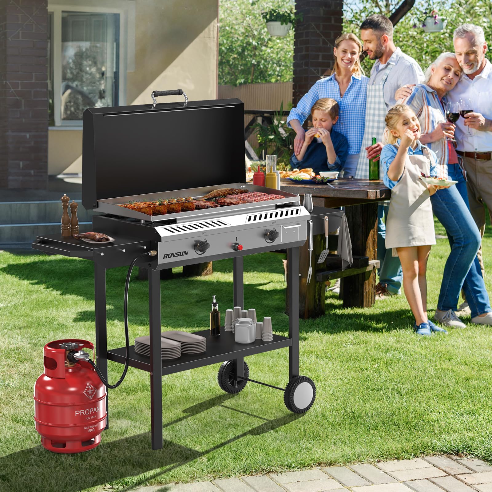 ROVSUN 150,000 BTU 2-Burner Outdoor Propane Gas Stove with Griddle - Auto-Ignition, Regulator & Side Shelves - Powerful Portable Stand Cooker for Backyard BBQ, Camping, Tailgating, Home Brewing, Canning, Frying and Grilling