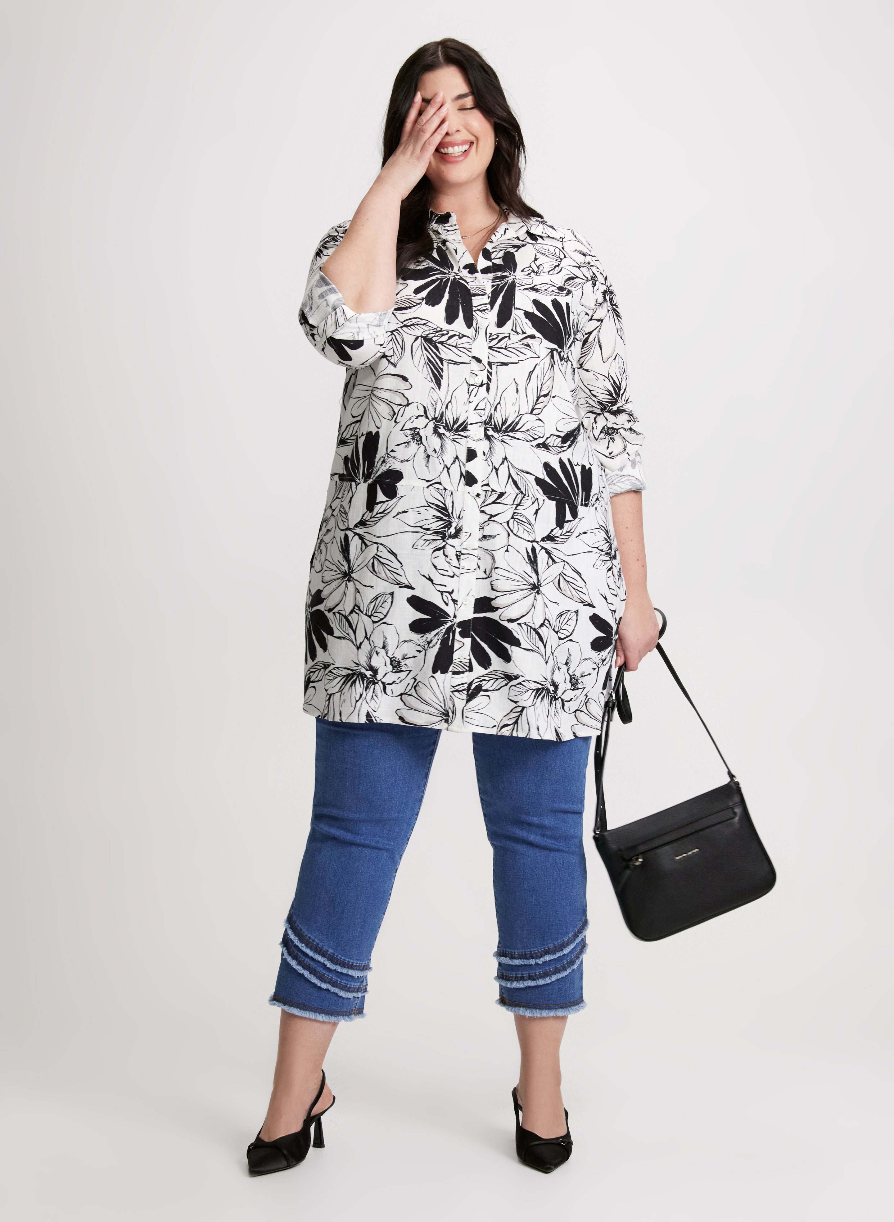Floral Linen Blend Blouse & Asymmetric Fringe Hem Jeans Set - Women's Stylish Summer Outfit for Casual Wear, Date Night and Office Fashion