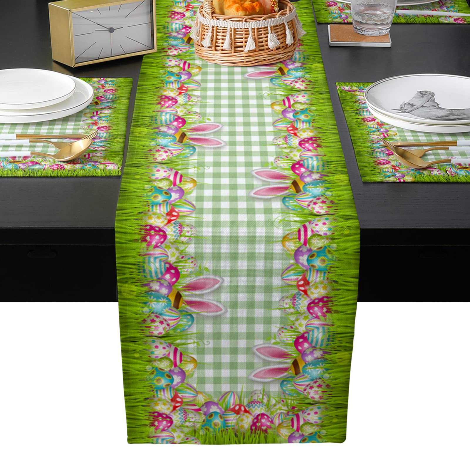 ARTSHOWING Easter Table Runner & 4-Piece Placemats Set - Bunny Ears & Easter Eggs Design with Green Lattice Check Pattern - Heat-Resistant & Washable Cotton Linen for Kitchen Dining Table - Perfect for Easter Holiday Parties, Spring Decor & Family Gatherings