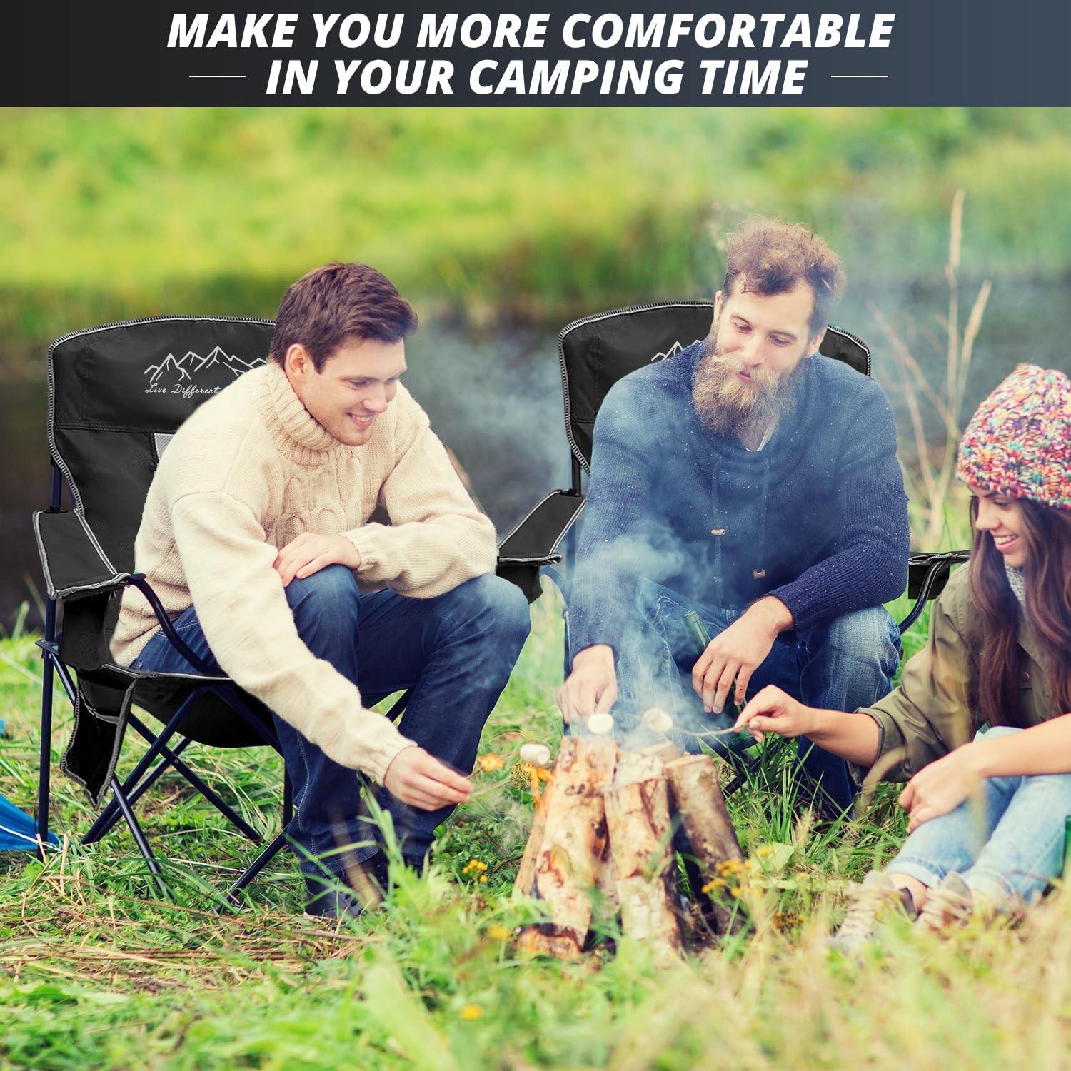 2PCS Heavy Duty Mesh Folding Camping Chairs - Oversized Portable Outdoor Chairs with 325 lbs Weight Capacity, Cup Holder & Storage Pocket - Includes Carry Bag (Black) - Perfect for Backyard, Beach, Picnic, Hiking and Camping Trips