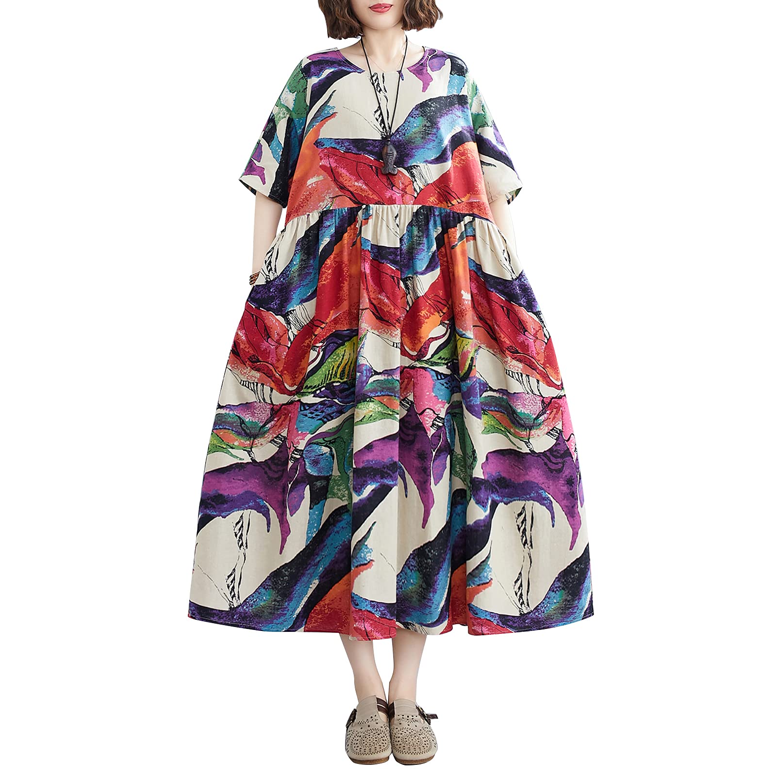 Vintage Floral Print Maxi Dress - Loose Fit Cotton Linen Oversized Beach Dress with Half Sleeves & Pockets | Perfect for Summer Vacations, Beach Getaways & Boho Fashion