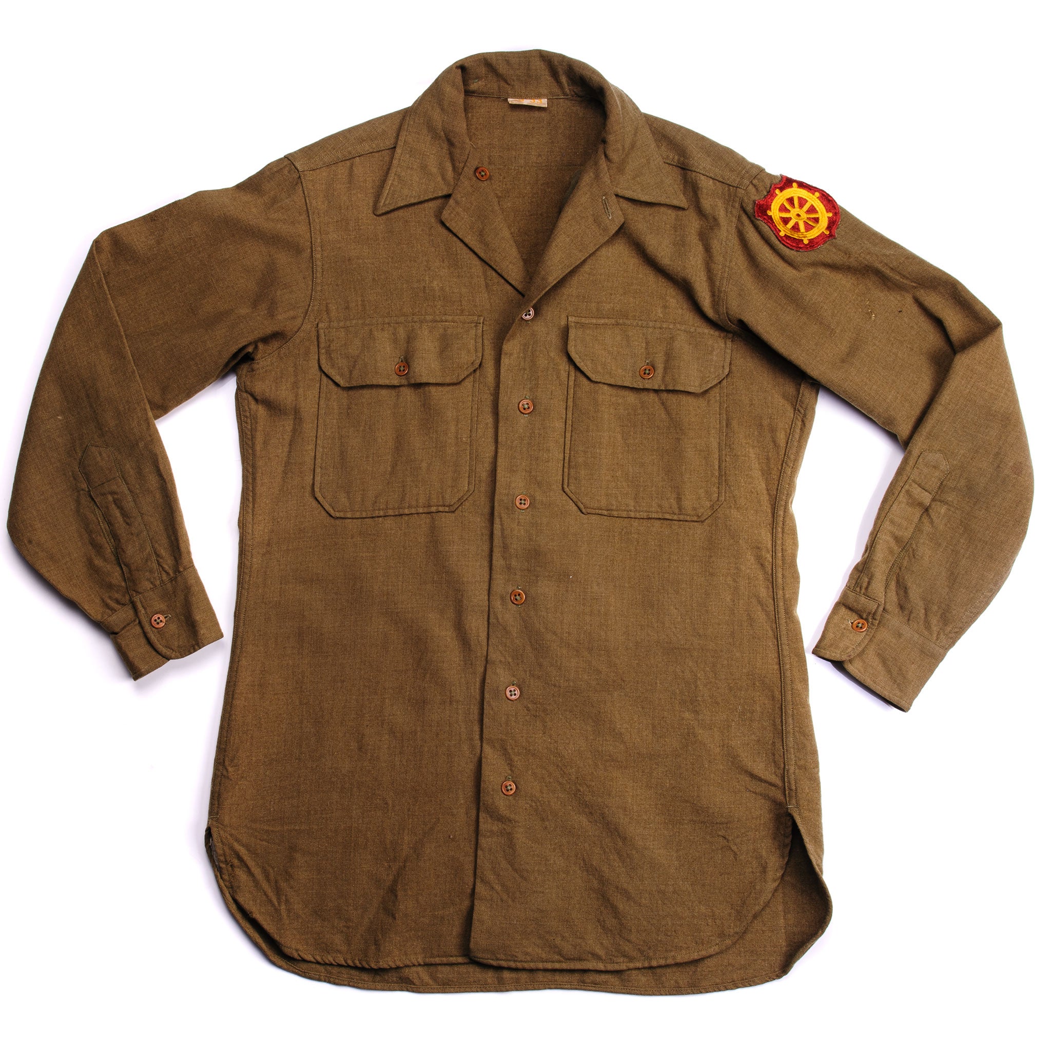 Vintage US Army M37 Wool Shirt 1940s WW2 Era - Authentic Port of Embarkation Patch - Size 15x33 - Military Collectible & Historical Reenactment Gear
