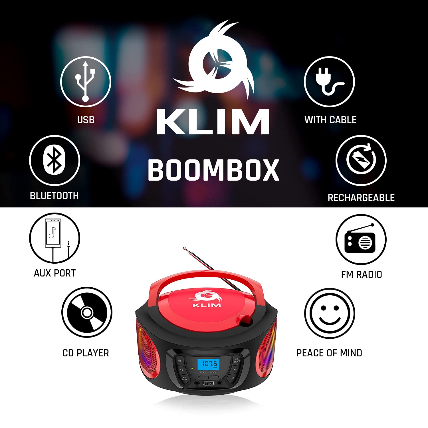 KLIM Boombox Portable Bluetooth Speaker with FM Radio, CD Player, MP3 & USB Playback - Rechargeable Battery, Wired/Wireless Modes - Compact Sturdy Design (Red) - Perfect for Outdoor Parties, Beach Trips & Home Entertainment
