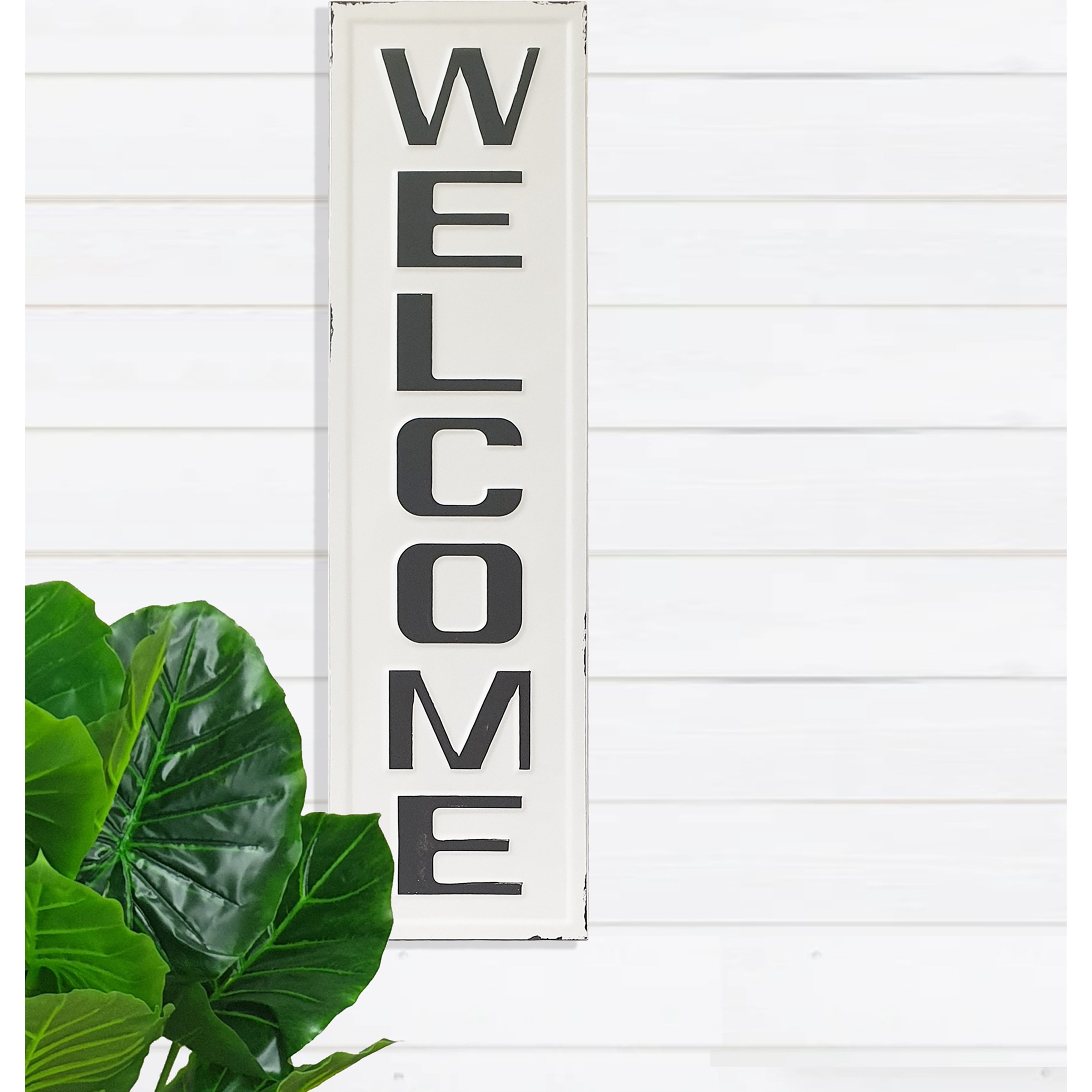 Distressed White Welcome Sign - 35.4 Inch Rustic Farmhouse Entryway Decor for Front Door, Porch & Home