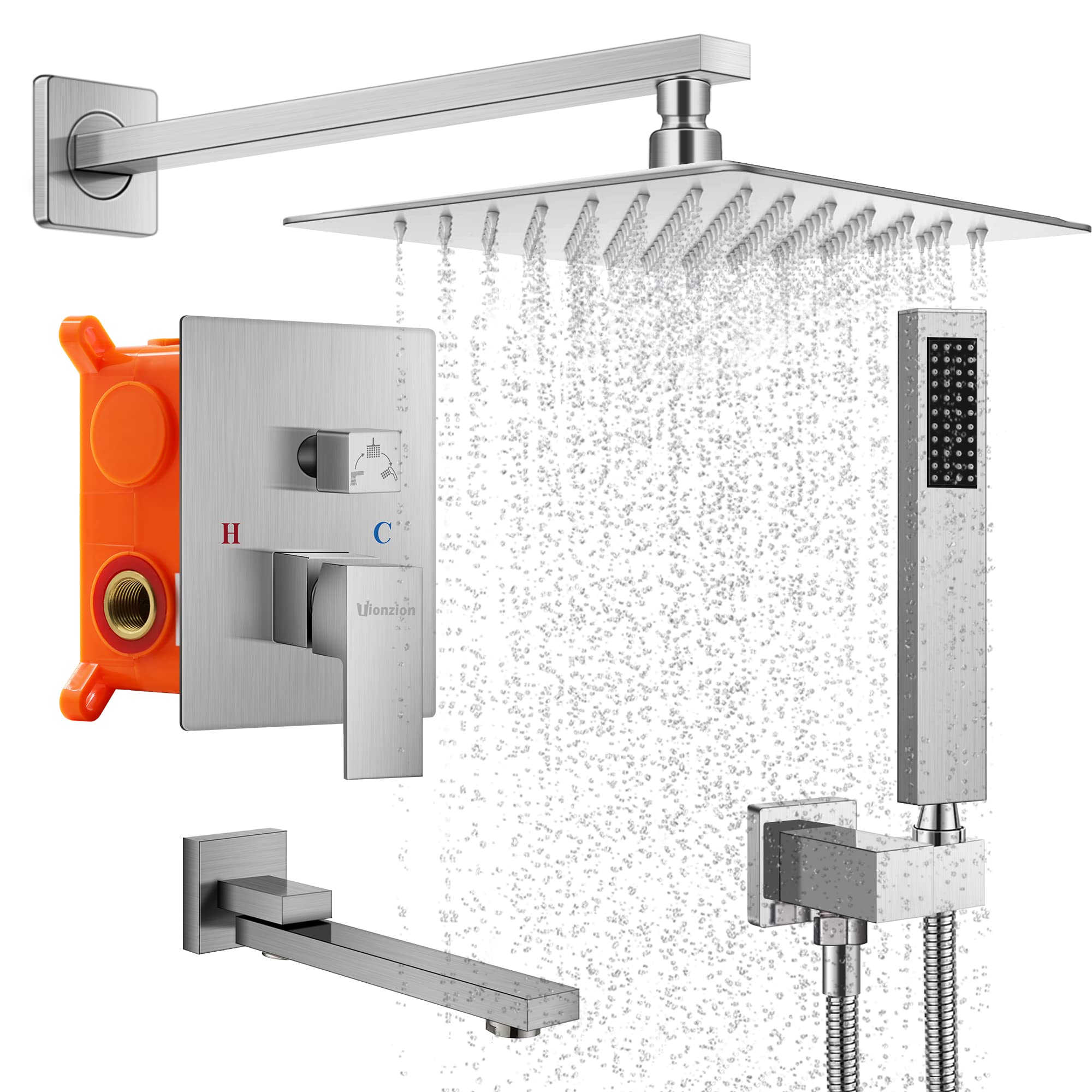 Brushed Nickel Square Rain Shower Head with Handheld Spray - 10 Inch Wall Mounted Shower System with Tub Spout - Modern Bathroom Faucet Set for Luxurious Rainfall Experience - Perfect for Master Bathrooms, Spa Retreats & Home Renovations