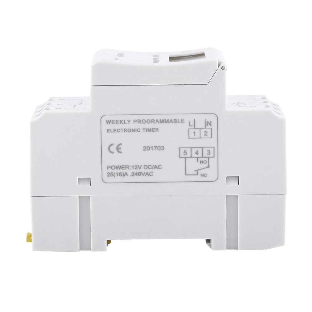 12V AC/DC Digital LCD Programmable Timer Relay Switch - DIN Rail Mount with 16 ON/OFF Settings for Daily & Weekly Use - Perfect for Industrial Appliances, Lighting Control, and Home Automation Systems