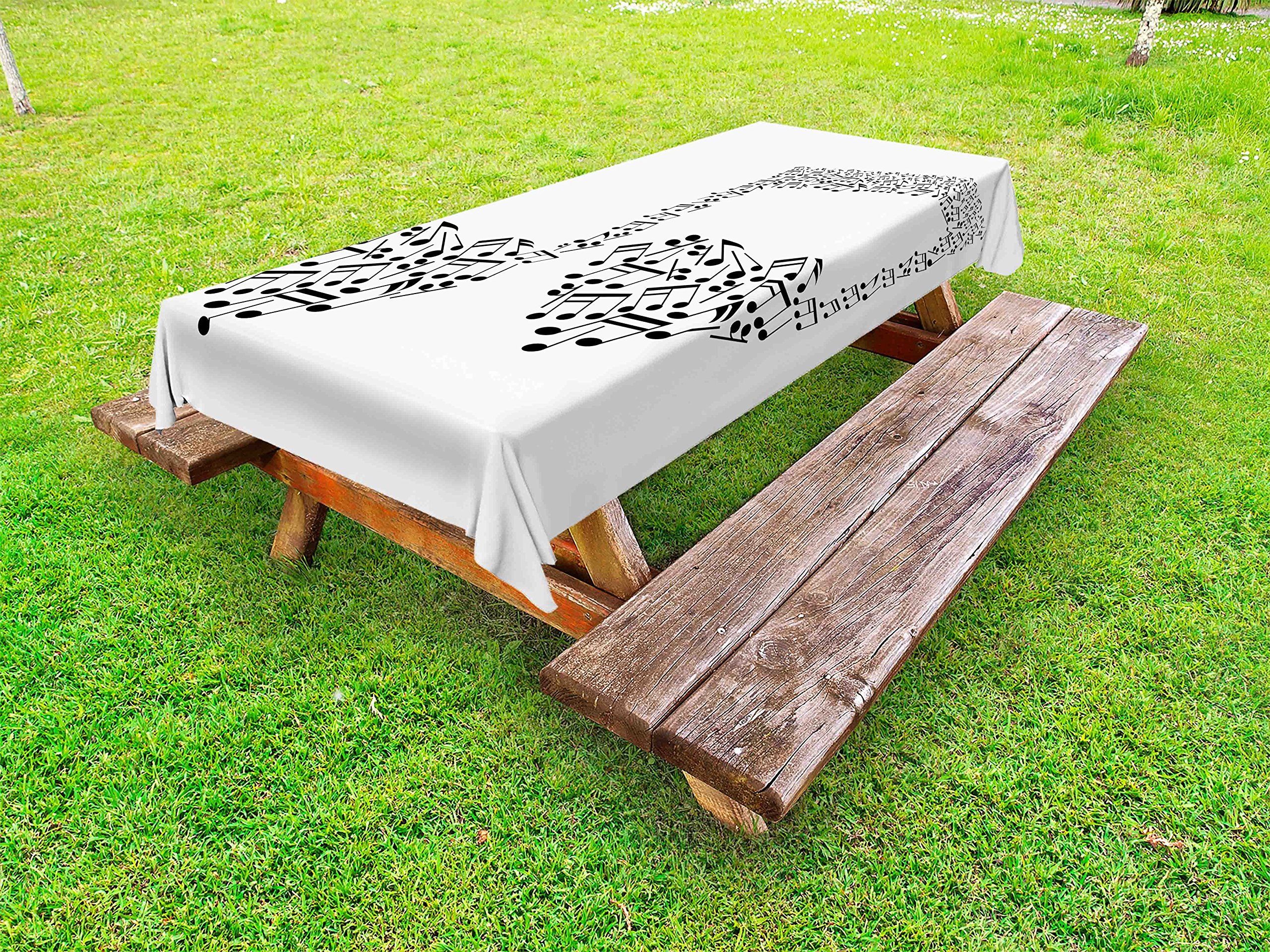 Ambesonne Music Themed Outdoor Tablecloth - Large Abstract Musical Notes with Heart Details, Washable Picnic Table Cover 58x120 Inches, Black & White - Perfect for Garden Parties, BBQs, and Outdoor Dining Events