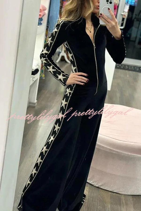 Stylish Star Print Velvet Patchwork Zipped Wide Leg Jumpsuit for Women | Trendy Plus Size Romper | Perfect for Parties, Date Nights & Casual Outings