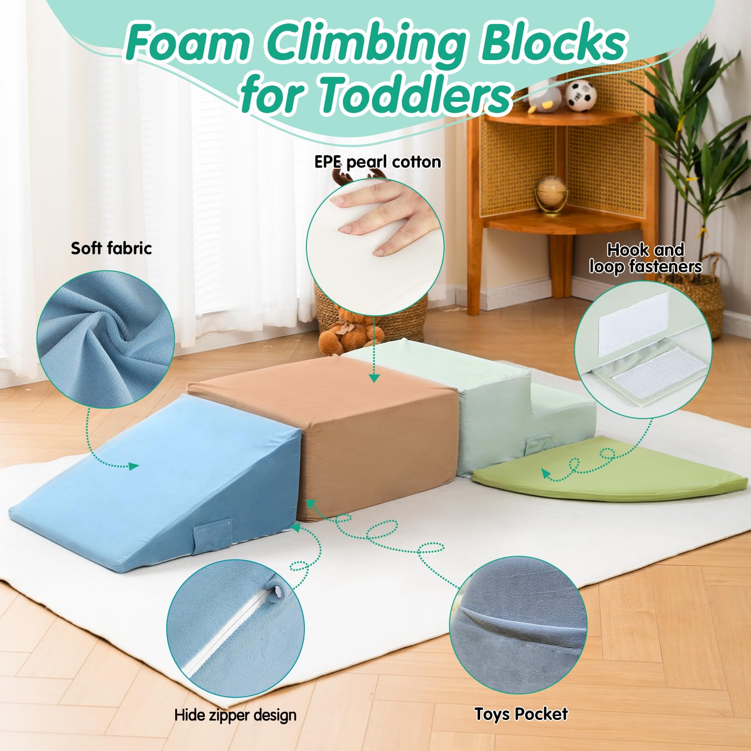 4-Piece Large Foam Climbing Blocks for Toddlers - Indoor Play Equipment with Velcro | Safe Toddler Toys for Home Playroom & Preschool Learning Activities