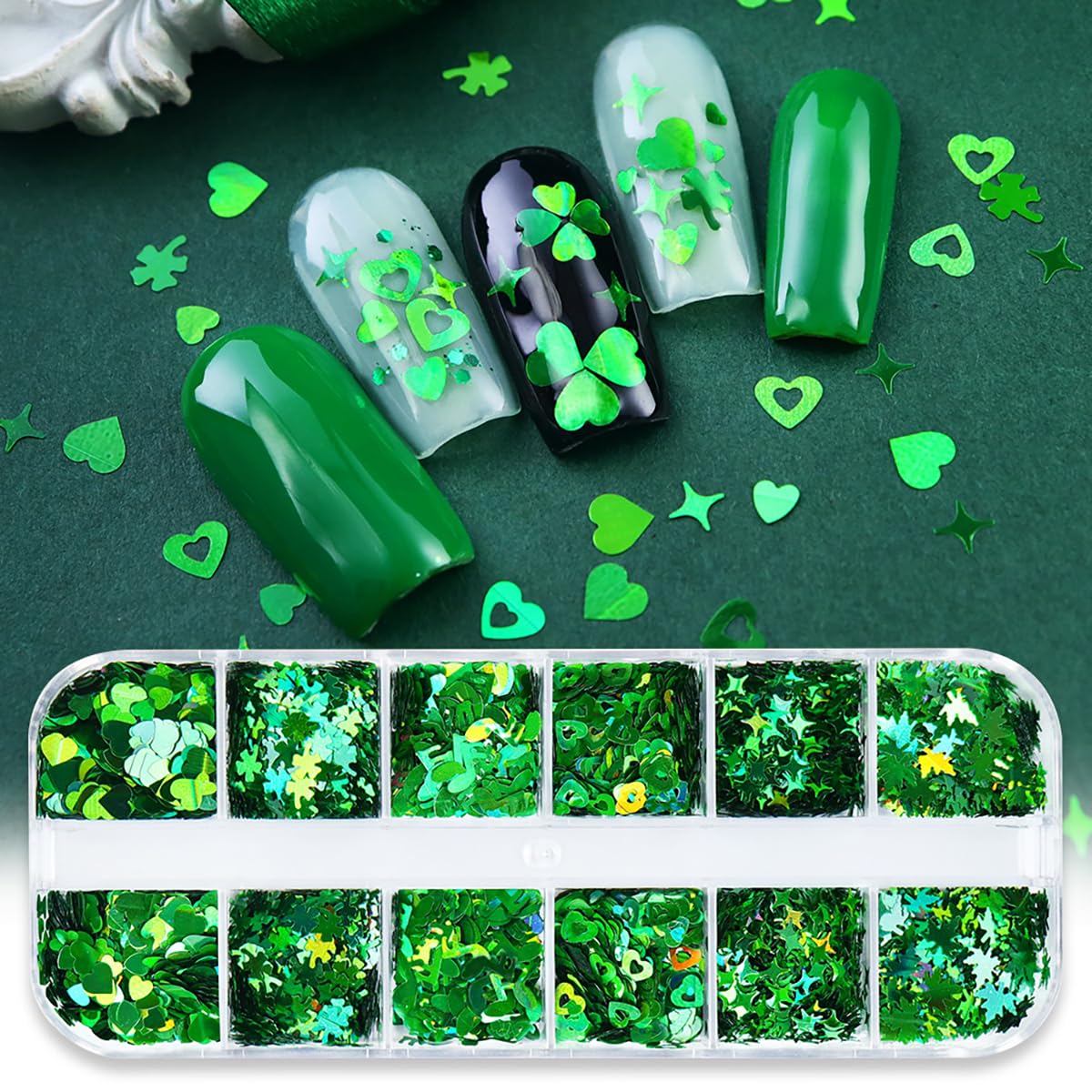 12Grids St. Patrick's Day Nail Art Glitters Sequins - 3D Holographic Irish Shamrock, Green Clover Leaf, Heart & Star Nail Decorations for DIY Manicure | Perfect for Nail Salons, Party Nail Art & Festival Makeup