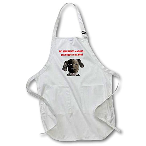 3dRose Funny Dog Saying Apron - 'Put Some Treats in a Bowl and Nobody Gets Hurt' Full Length Kitchen Apron with Pockets, 22x30 Inches, White - Perfect for Cooking, Baking, BBQ & Dog Lovers Gift