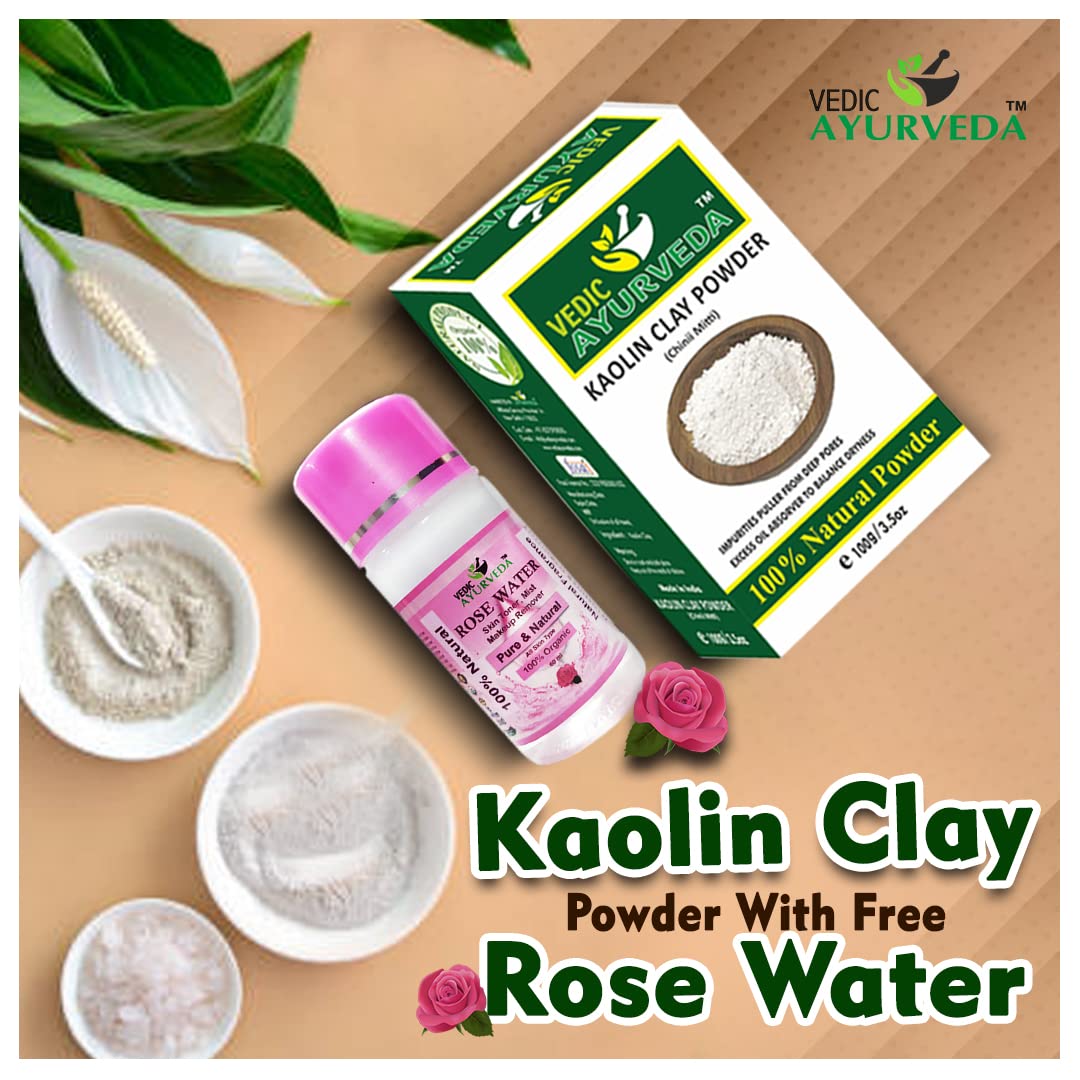 Vedic Ayurveda Kaolin Clay Powder Face Mask with Free Rose Water (60ml) - Skin Brightening, Blackhead Remover, 100g Kaolin Powder + Rose Water - Perfect for Spa Day & At-Home Facial Treatments