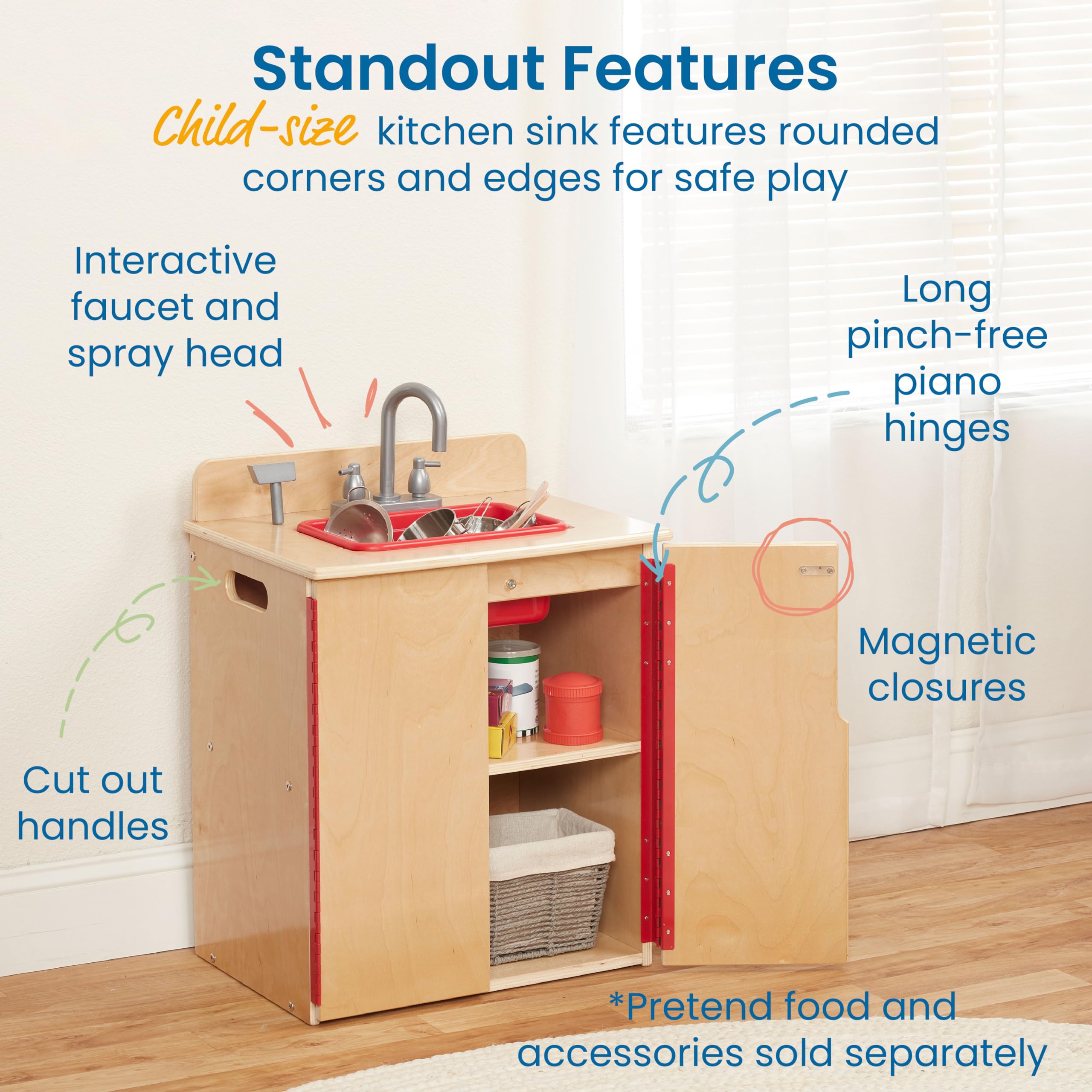 ECR4Kids Wooden Play Kitchen Sink Set - Natural Wood Pretend Play Sink for Kids - Perfect for Imaginative Play, Role-Playing & Early Childhood Development