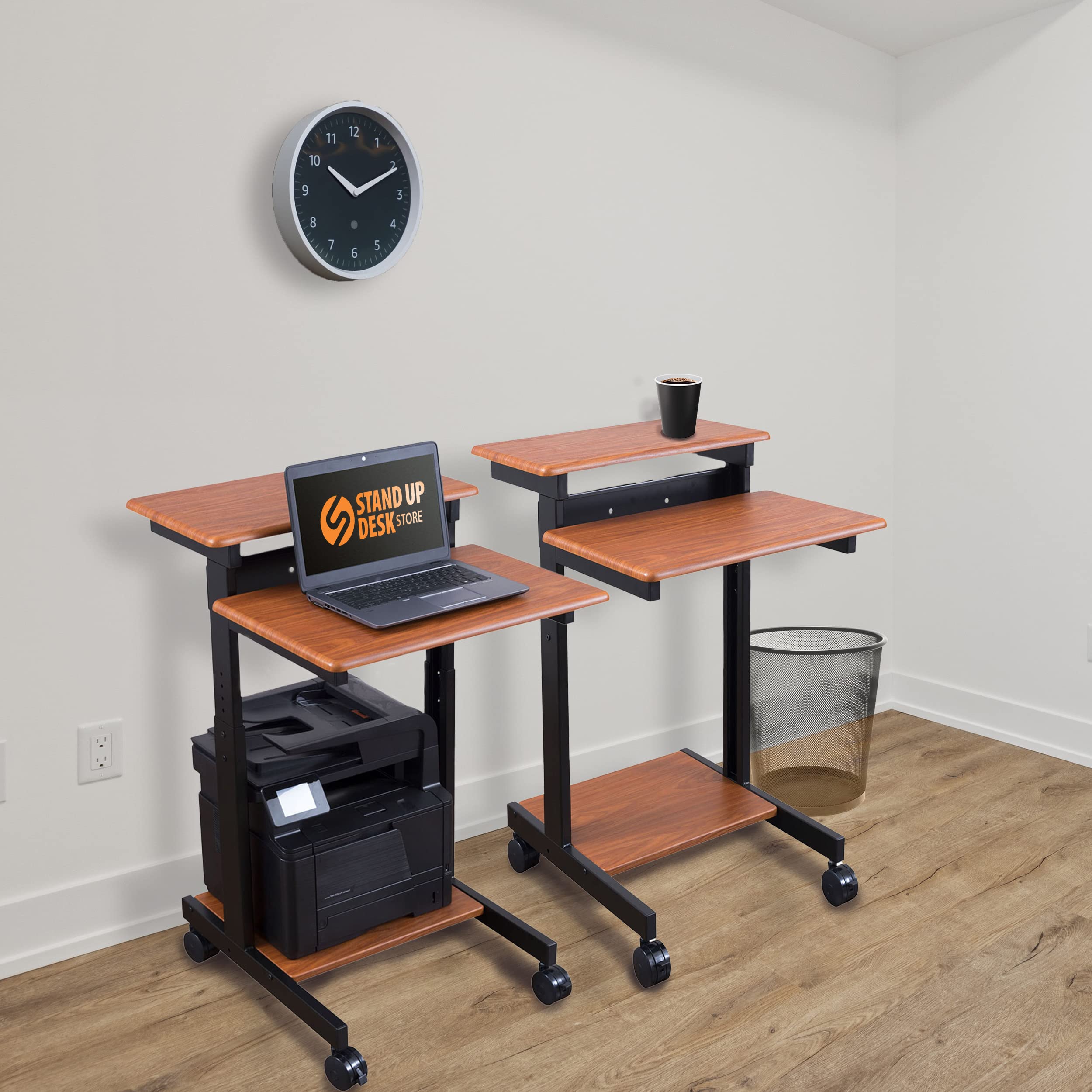 Adjustable Height Rolling Standing Desk with Two-Tier Workstation - Black Frame & Teak Top (24