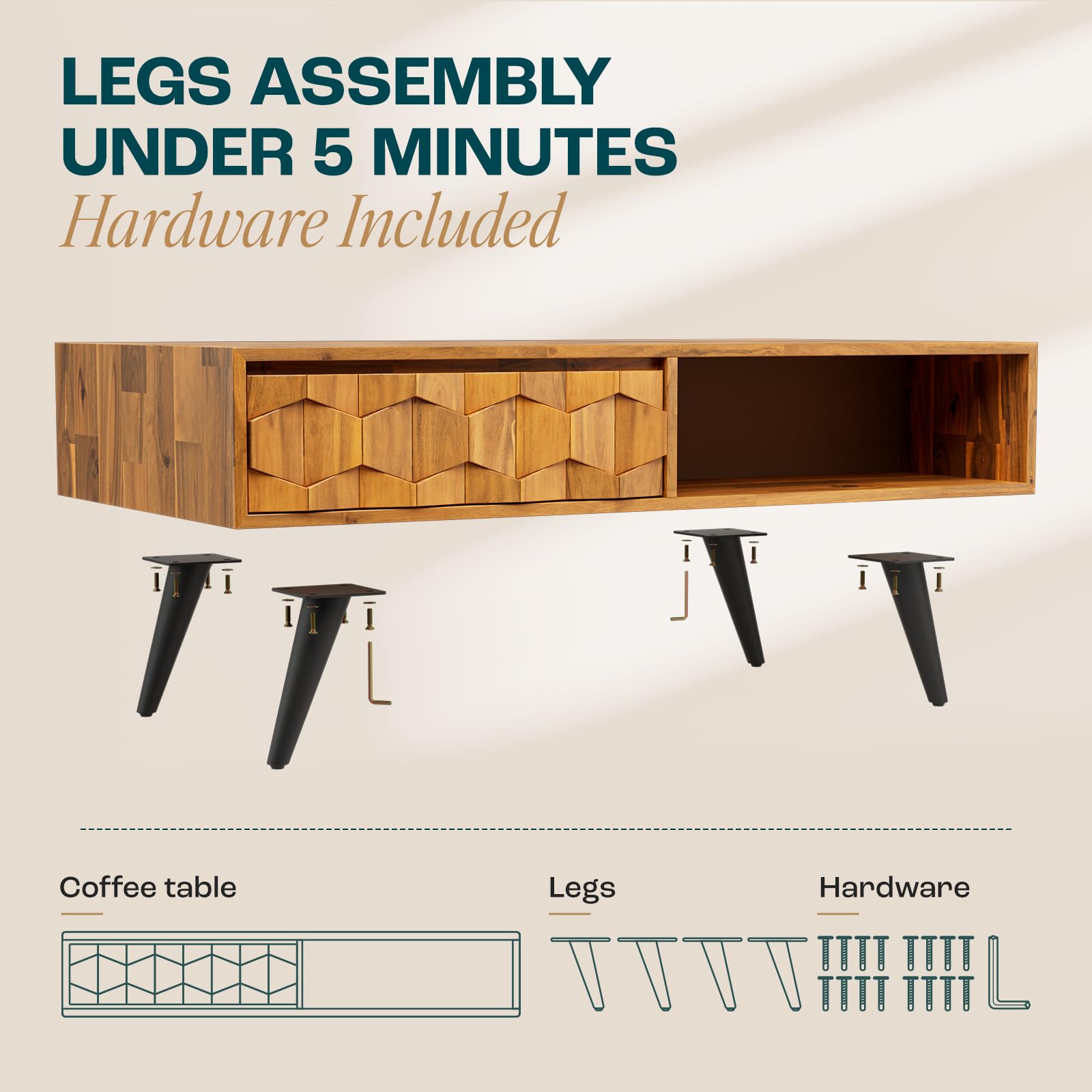 Mid Century Modern Coffee Table - Solid Wood with Storage Drawers for Living Room | Home Decor Centerpiece