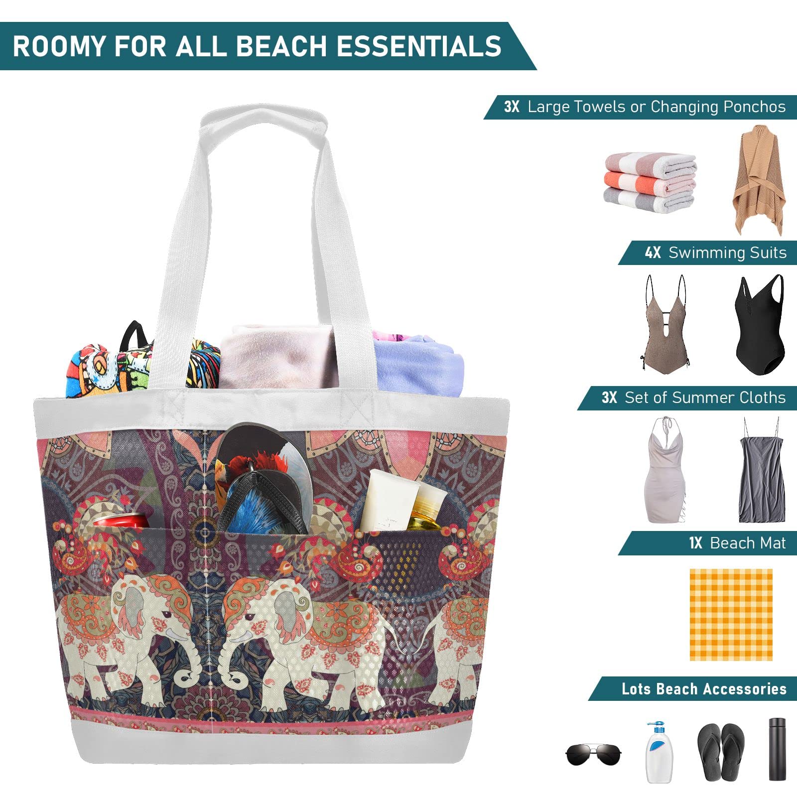 Exotic Elephants & Peacocks Mesh Beach Tote Bag - Large Waterproof Sandproof Beach Bag for Women, Pool, Gym & Sports | Perfect for Summer Vacation, Travel & Outdoor Activities