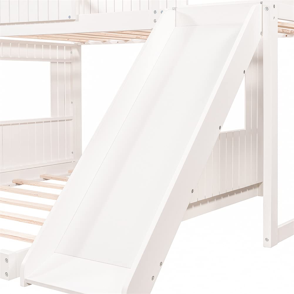 Wooden Twin Over Full Bunk Bed with Playhouse, Ladder & Slide - Farmhouse Style Kids Loft Bed with Safety Guardrails - No Box Spring Needed (White) - Perfect for Small Bedrooms, Playrooms & Sleepovers