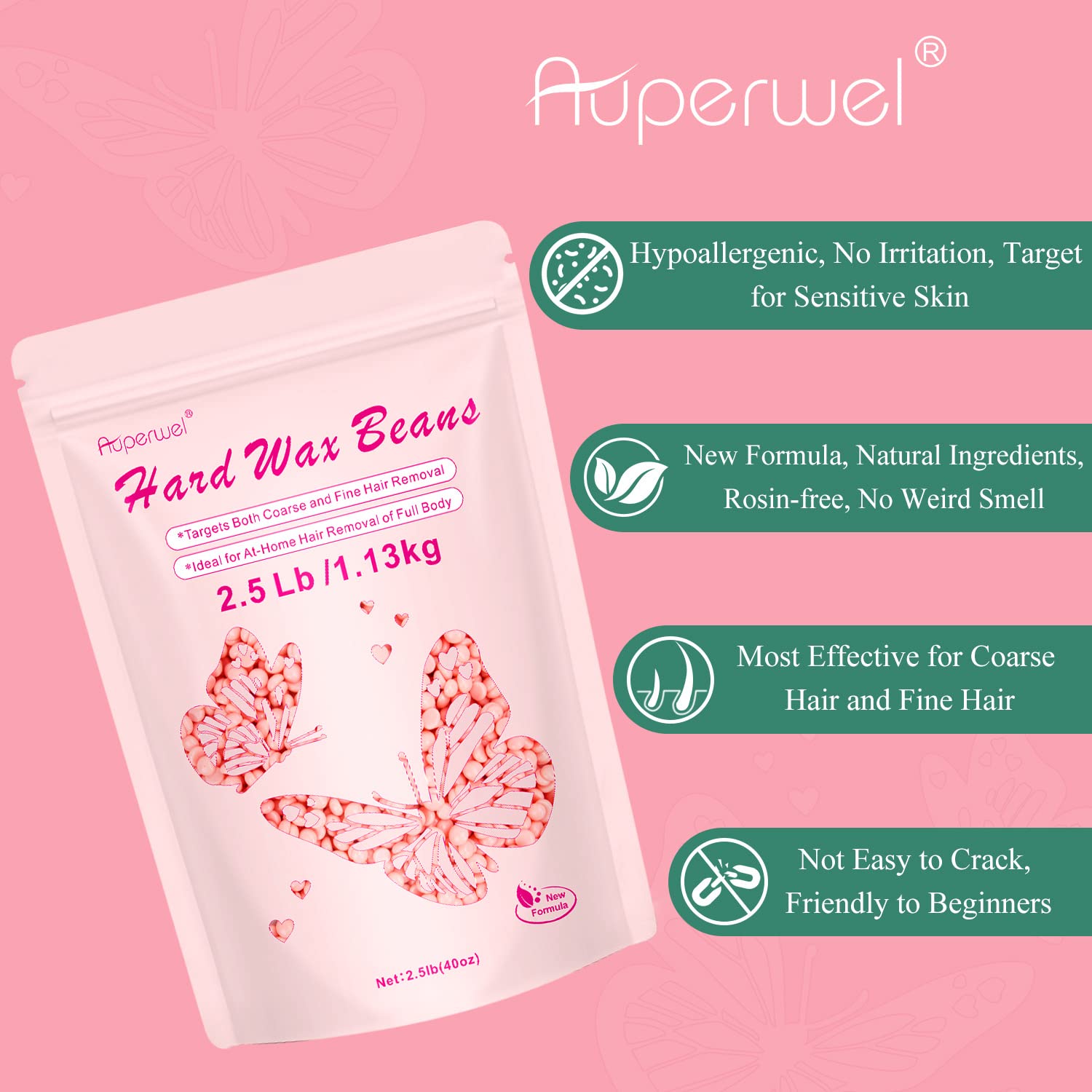 Auperwel 2.5lb Hard Wax Beads for Hair Removal - Sensitive Skin Formula with 20 Applicator Sticks | Brazilian, Bikini, Eyebrow & Body Waxing | Painless Pearl Wax Beads for Professional & Home Wax Warmers Kit (Rose Scented) | Perfect for Salon, Spa & At-Home Hair Removal Treatments