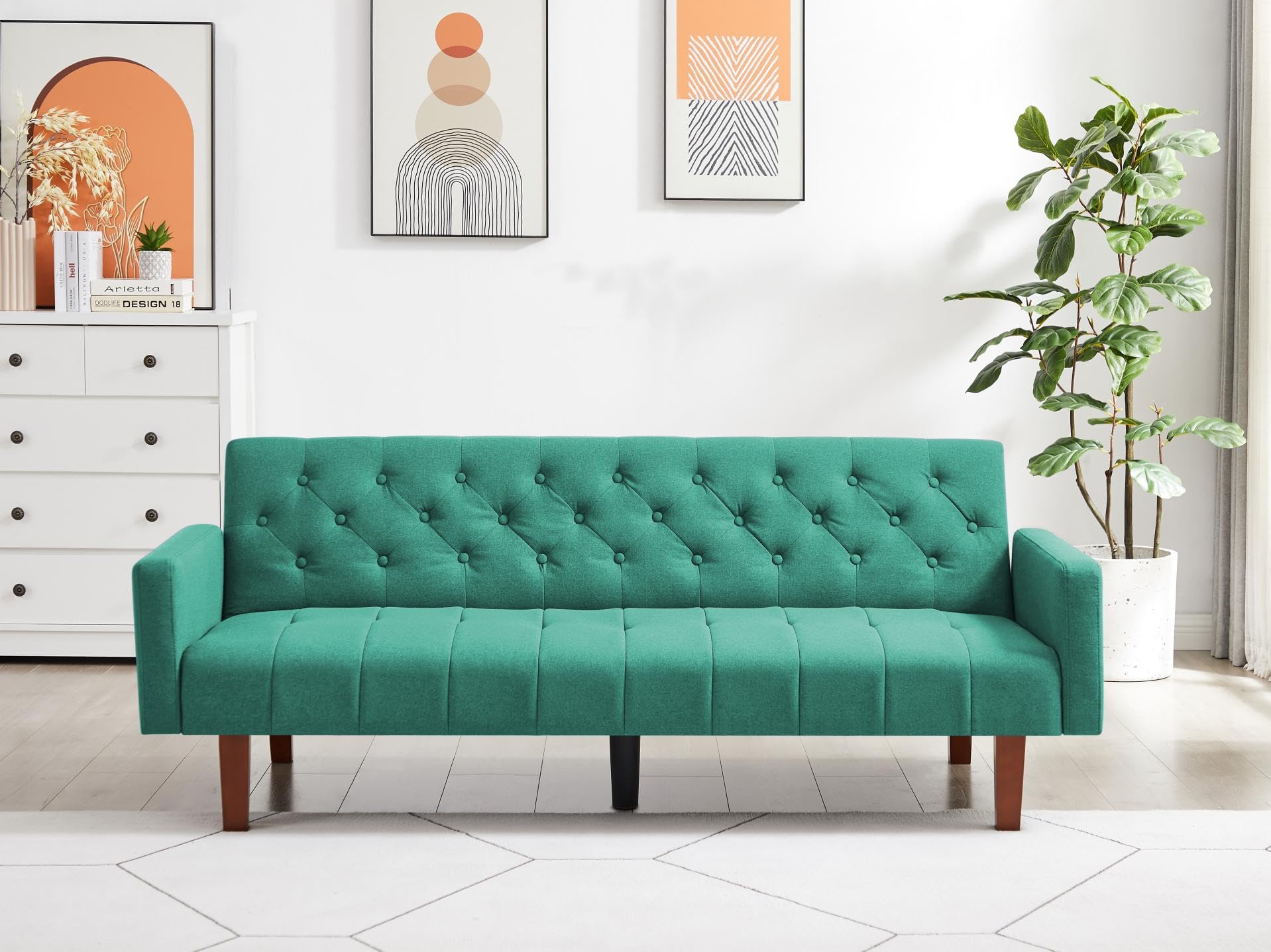 Modern Convertible Linen Upholstered Sofa Bed - Foldable Futon Couch for Small Spaces, Living Room, Apartment & Office (Green) | Perfect for Guest Sleeping, Studio Apartments & Compact Homes