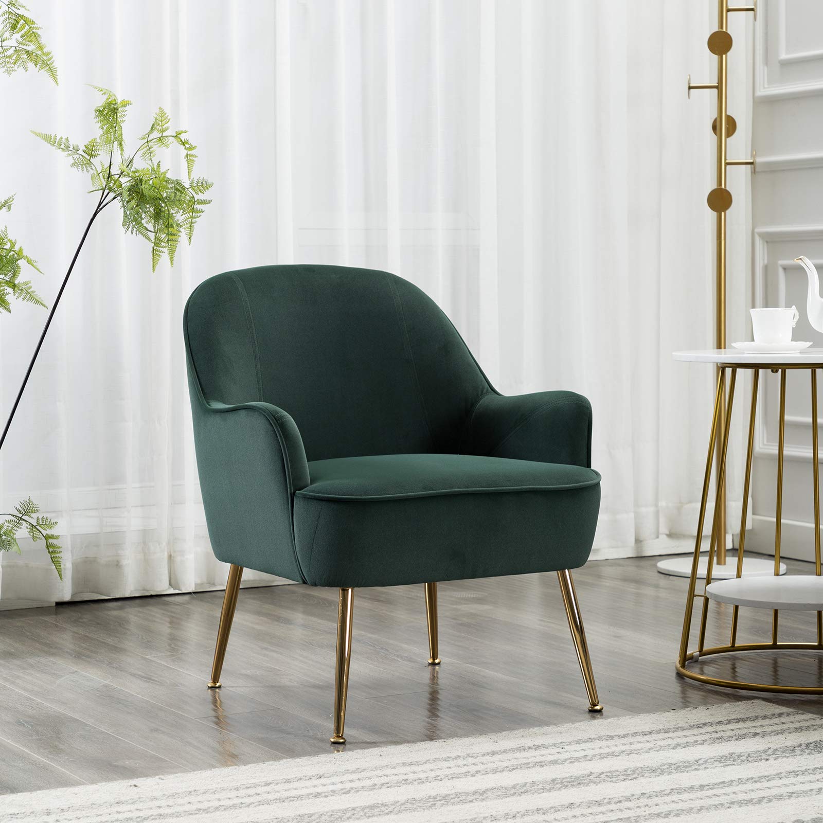 Modern Soft Velvet Yellow Ergonomic Accent Chair with Gold Metal Legs - Adjustable Height Living Room, Bedroom & Home Office Chair for Comfortable Seating (Green)