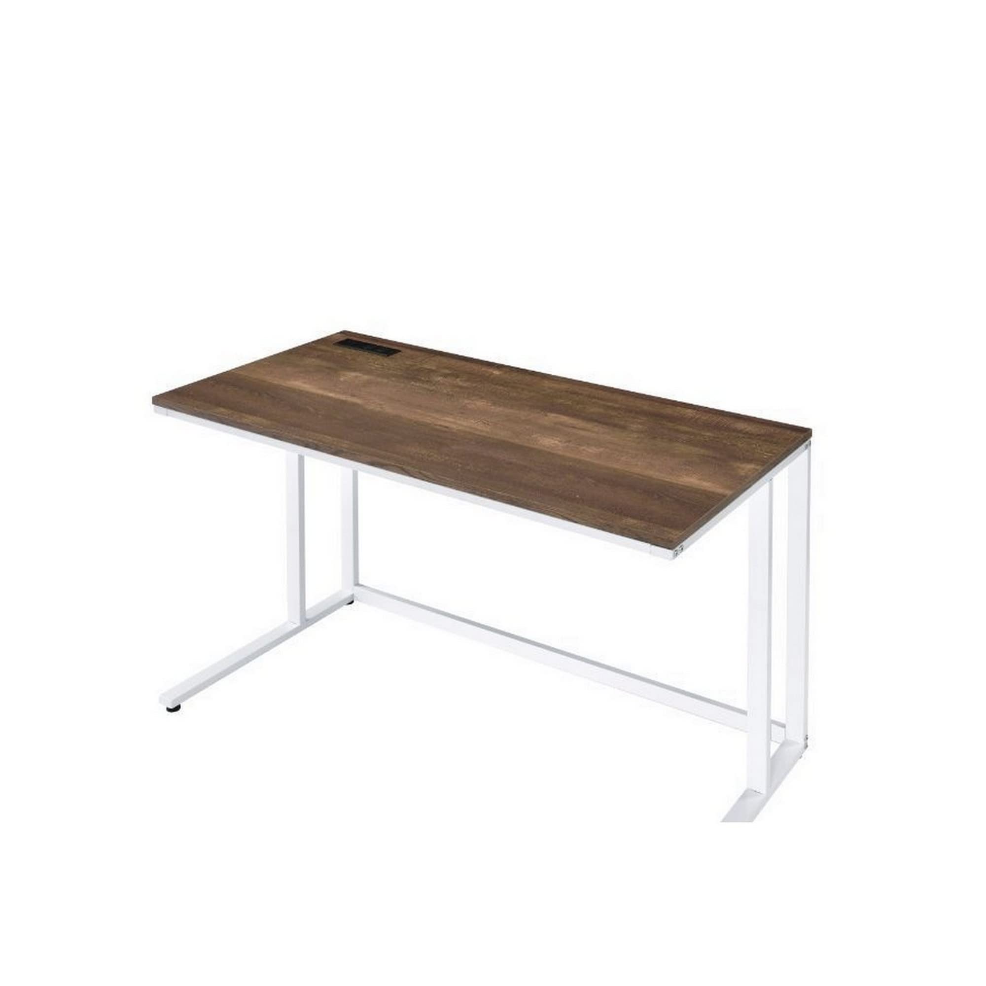 Benjara White and Brown Writing Desk with Wooden Top & Built-in USB Port | Home Office Desk for Small Spaces, Study & Work from Home