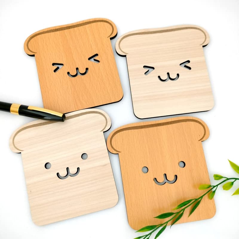 4-Piece Wooden Tea Coaster Set - Toast Bread Design - Premium MDF Wood Coasters for Hot & Cold Drinks - Perfect for Dining Table, Office Desk, Coffee Table & Home Decor - Cute Kitchen Accessories Gift Idea