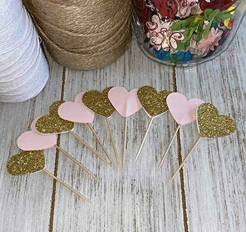 24 Hearts Gold Glitter & Pink Cupcake Toppers - Food Picks for Birthday Party, Wedding Shower Decorations - Perfect for Cake, Dessert, and DIY Event Decor
