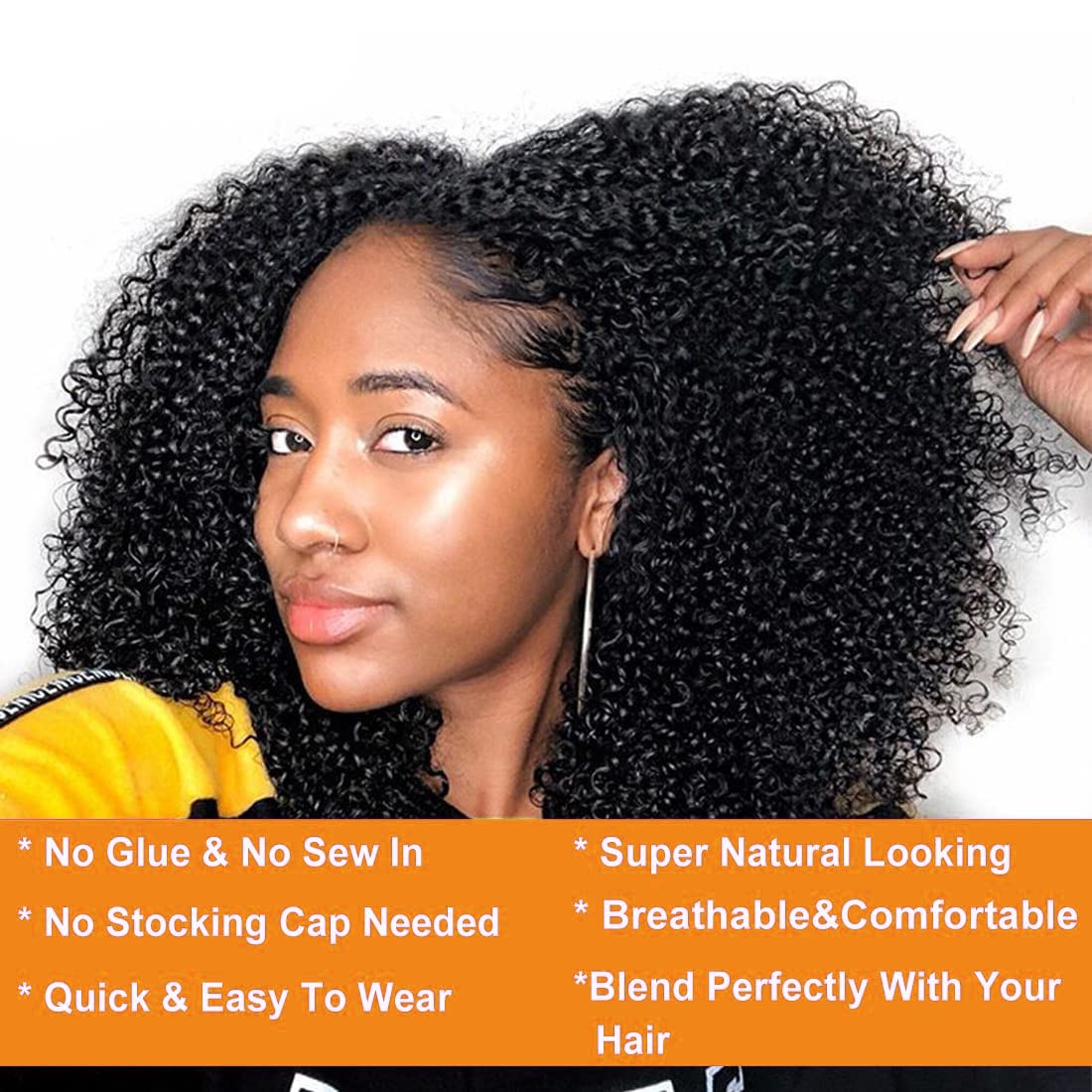 Nadula 10A Kinky Curly U Part Human Hair Wig - Brazilian Remy Hair Glueless Half Wig for Black Women | 150% Density 18inch Natural Color U-Shape Wigs with Minimal Leave Out | Perfect for Daily Wear, Parties & Protective Styles