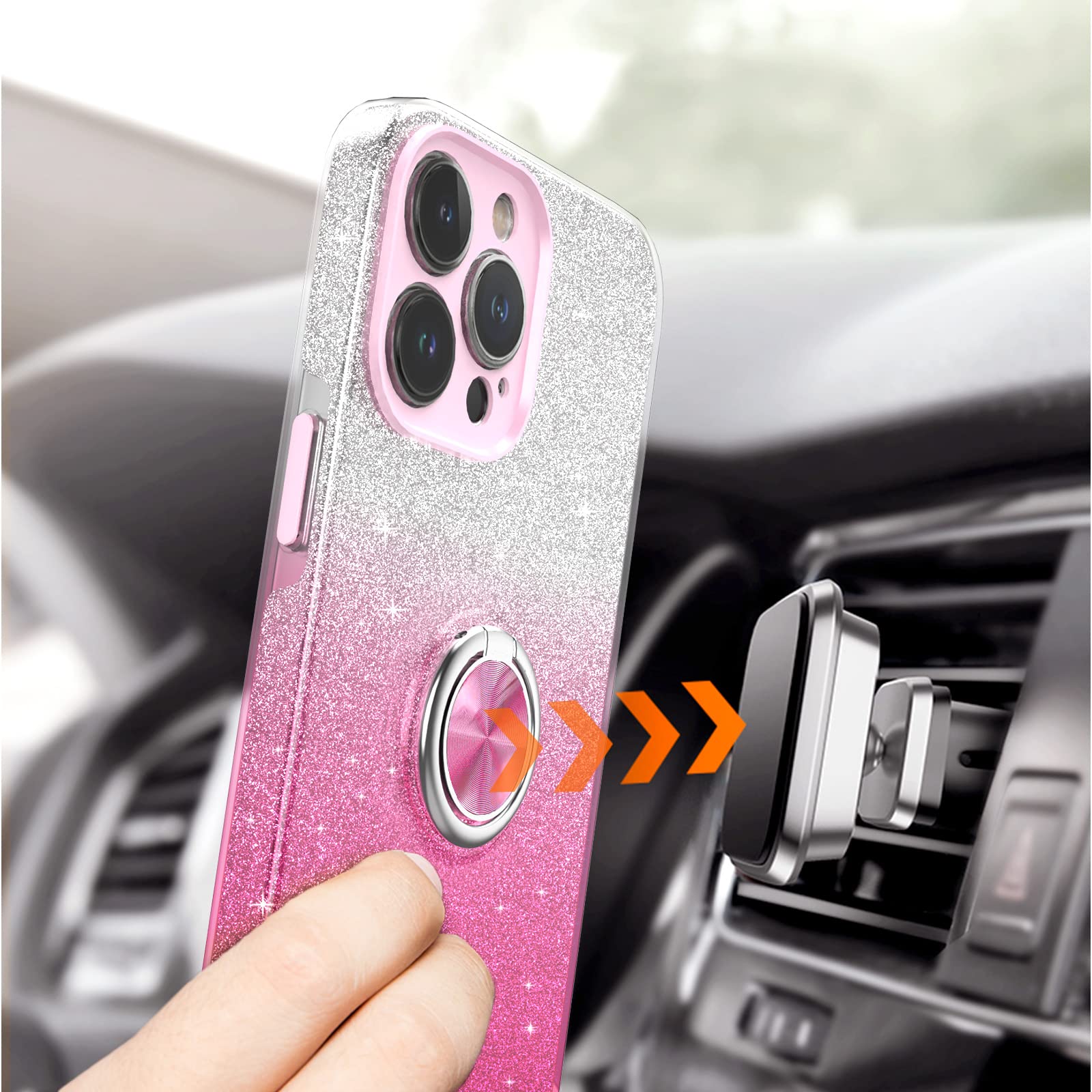 Sparkly Glitter iPhone 12 Pro Max Case with 360° Ring Holder & Magnetic Car Mount | Slim Shock-Absorbent Protective Cover for Women (6.7