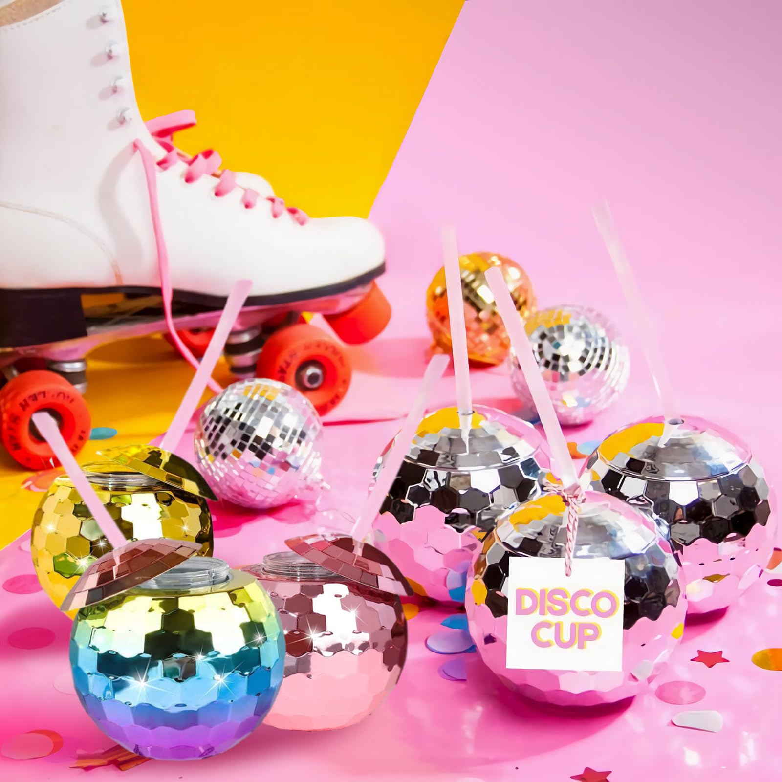 25-Pack 20oz Disco Ball Cups with Lids & Reusable Straws - Rainbow Glitter Party Cups for Cocktails, Wine, Tea & Drinks - Perfect for Nightclubs, Bars, Birthday Parties & Themed Events